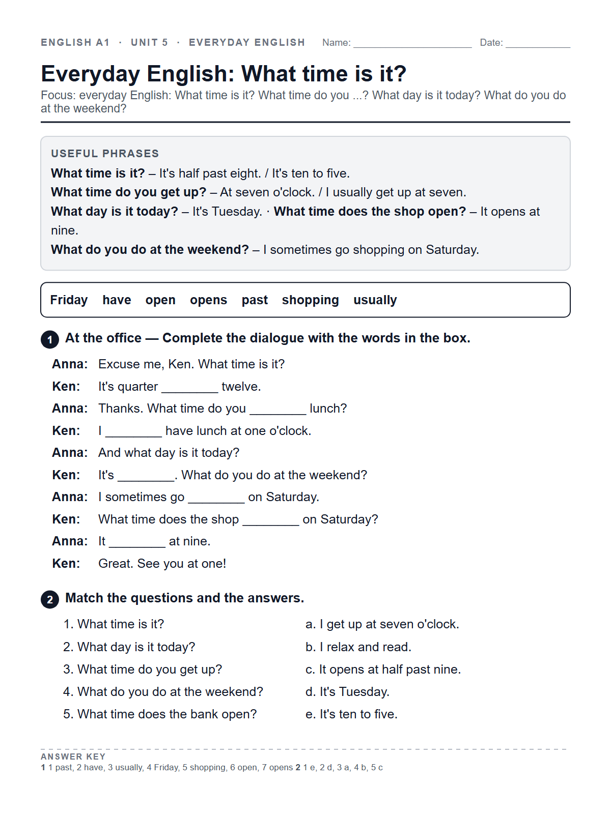 Everyday English: What time is it? — printable worksheet
