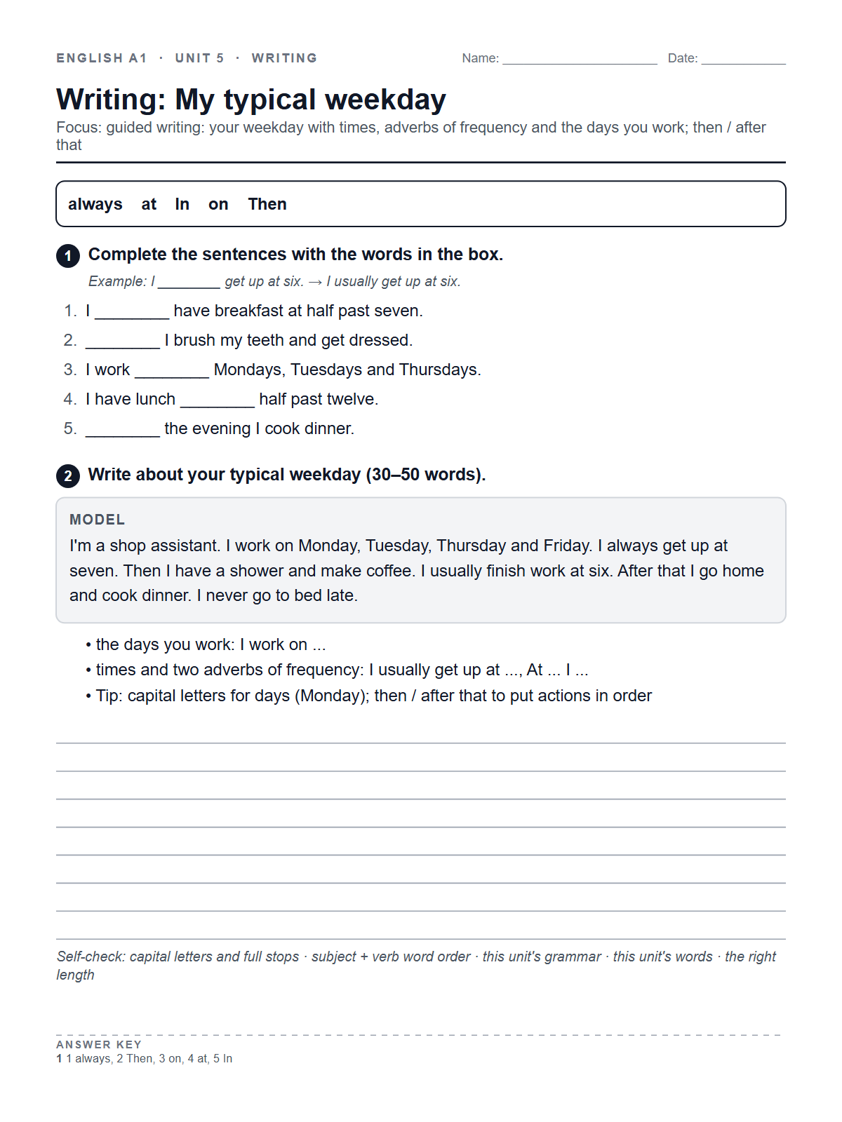 Writing: My typical weekday — printable worksheet