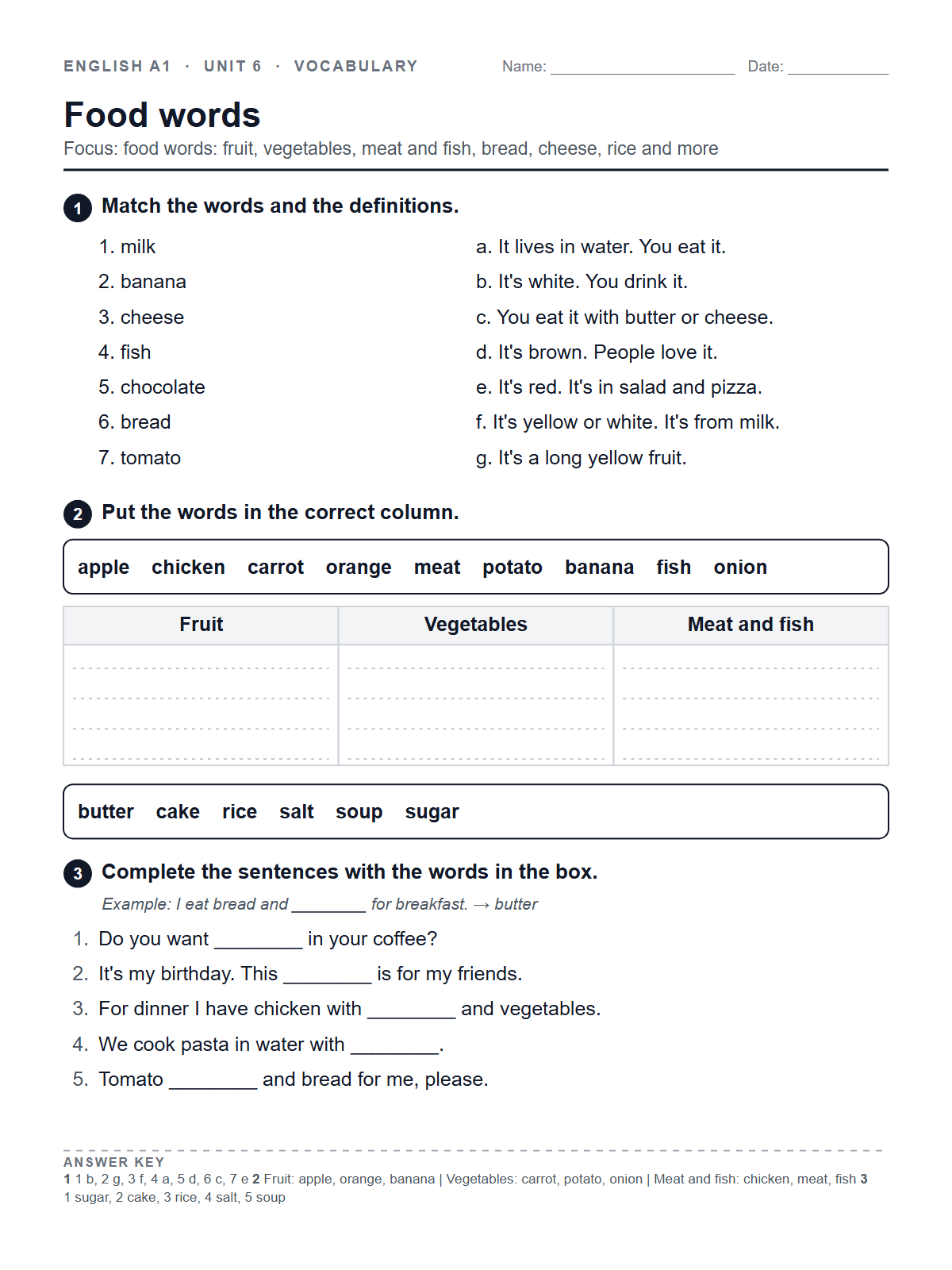 Food words — printable worksheet