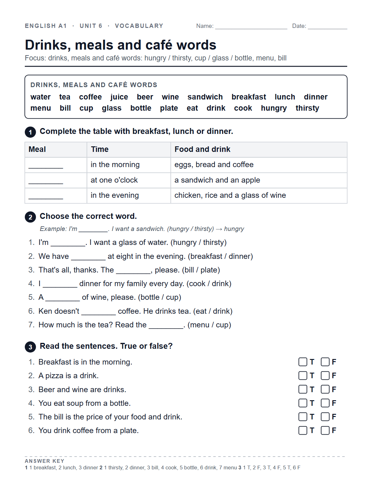 Drinks, meals and café words — printable worksheet