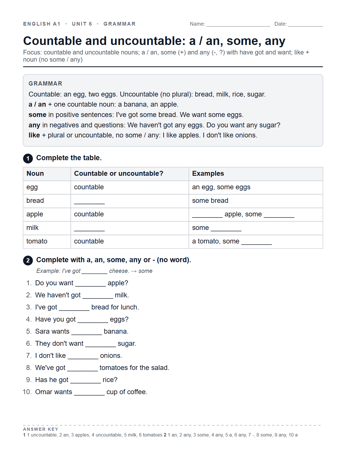Countable and uncountable: a / an, some, any — printable worksheet