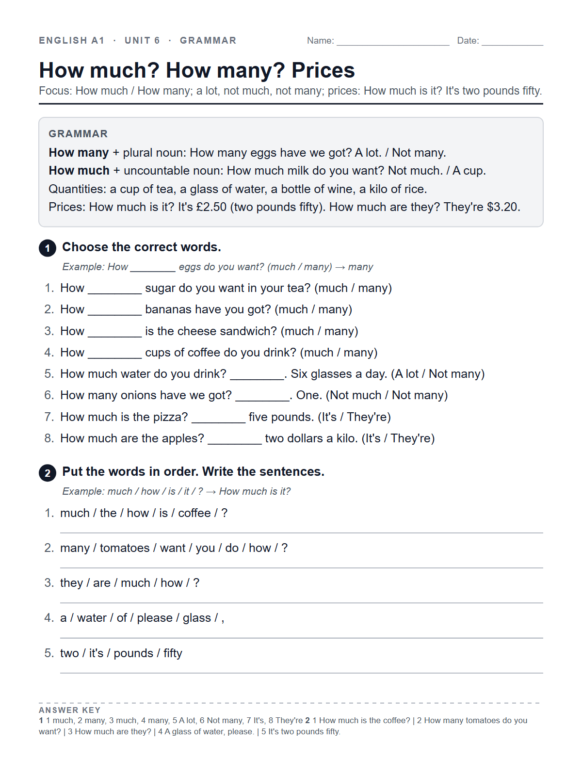 How much? How many? Prices — printable worksheet
