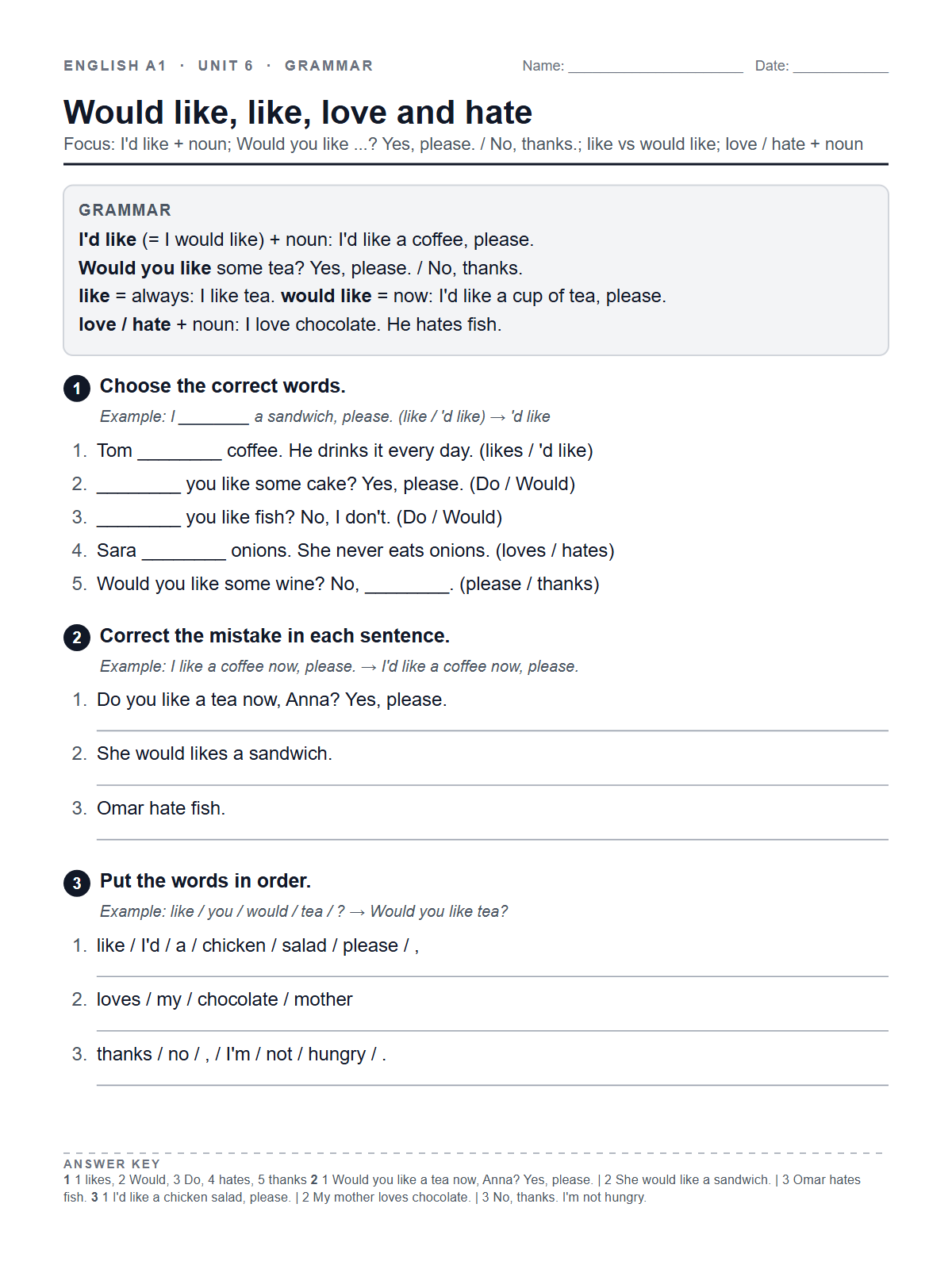 Would like, like, love and hate — printable worksheet