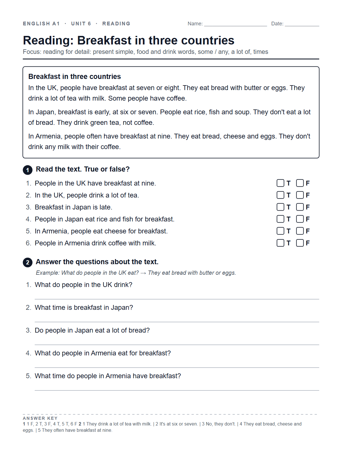 Reading: Breakfast in three countries — printable worksheet