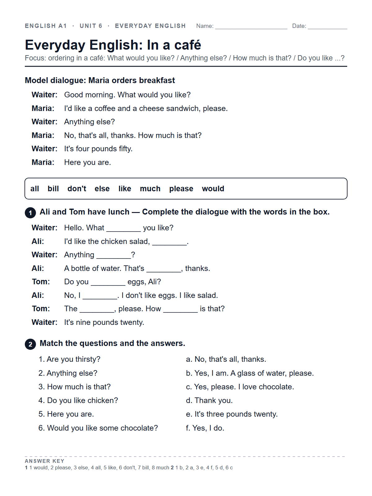 Everyday English: In a café — printable worksheet