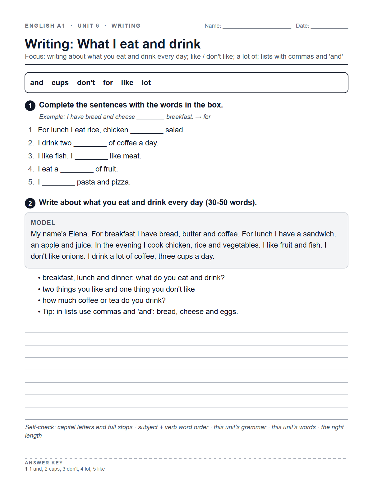 Writing: What I eat and drink — printable worksheet