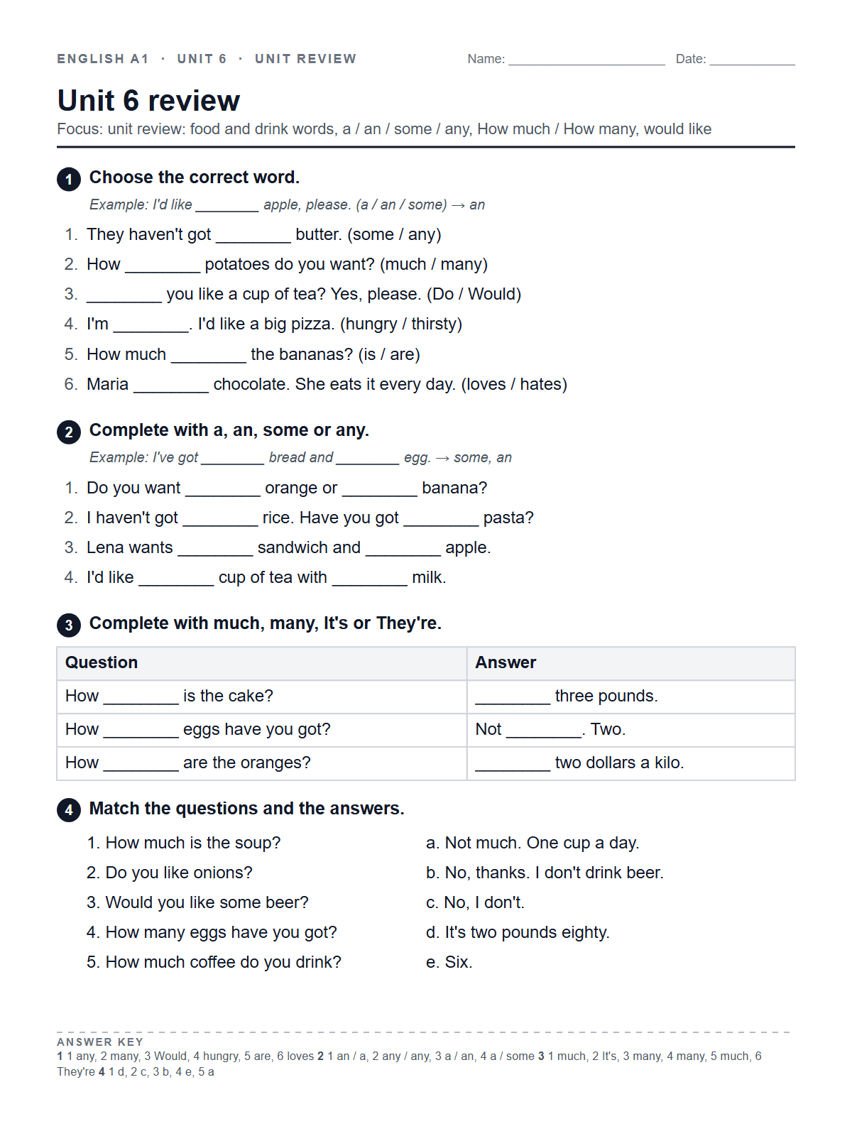 Unit 6 review — printable worksheet