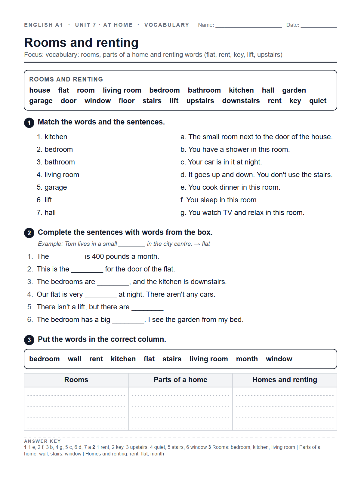 Rooms and renting — printable worksheet