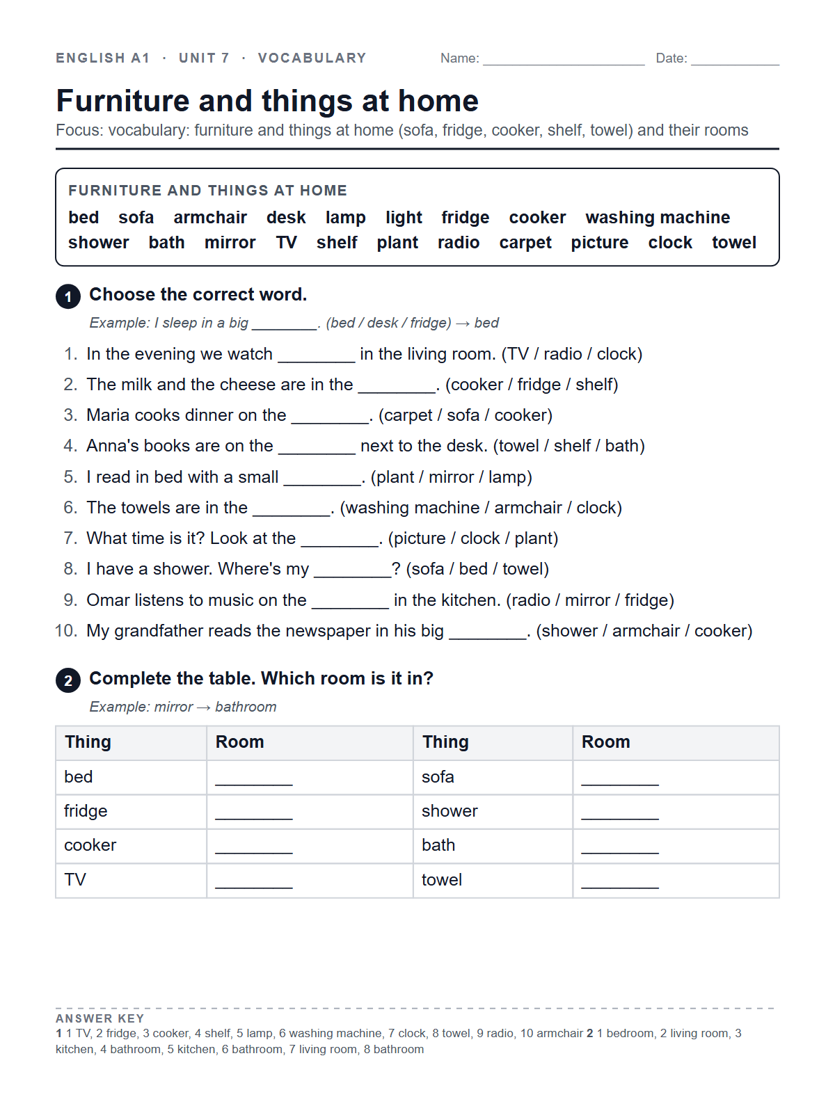 Furniture and things at home — printable worksheet