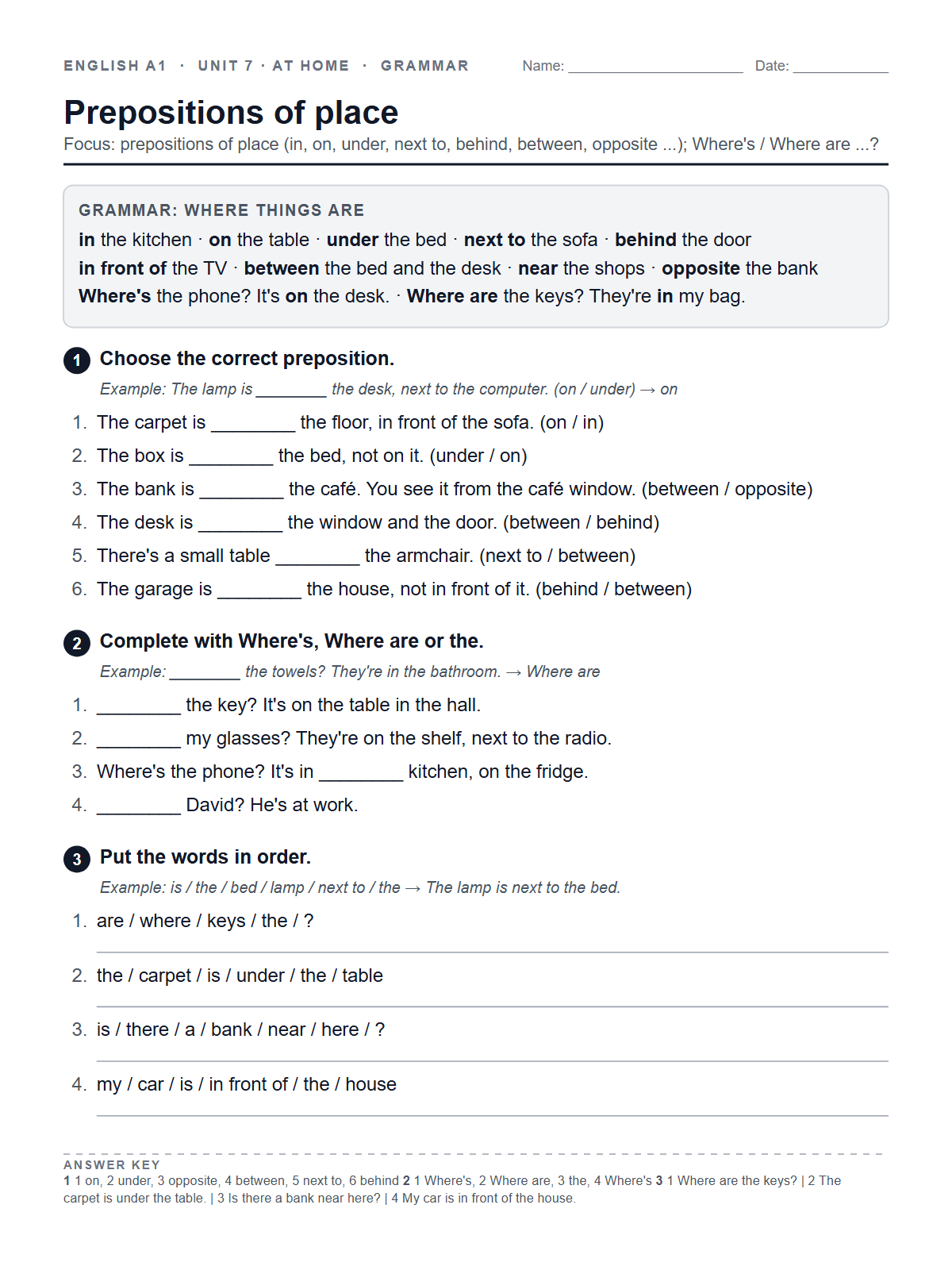 Prepositions of place — printable worksheet
