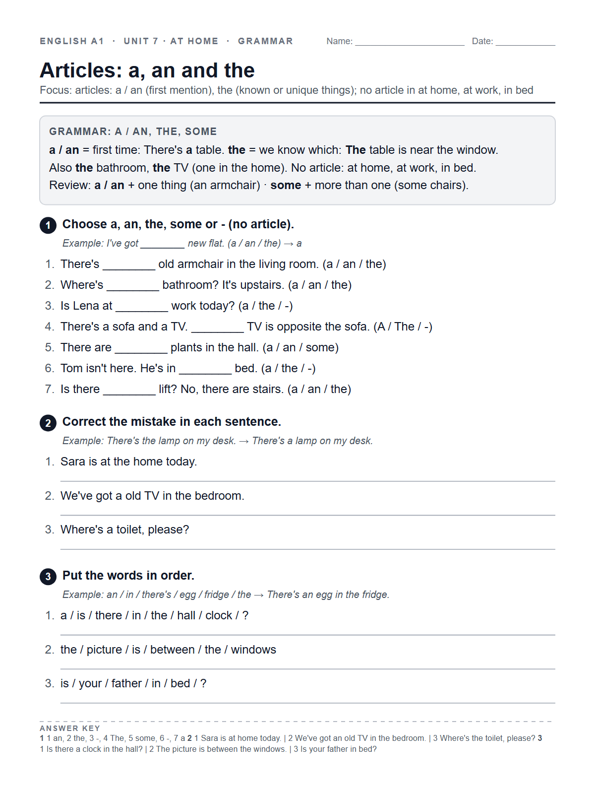 Articles: a, an and the — printable worksheet