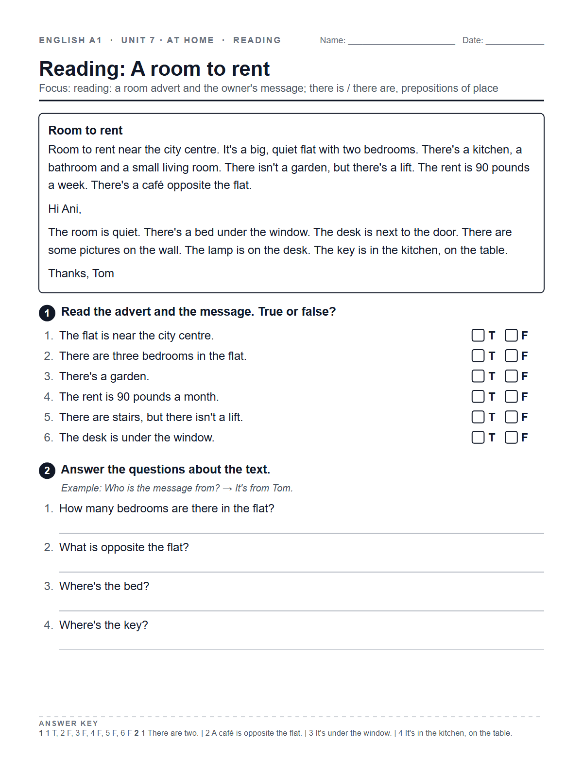 Reading: A room to rent — printable worksheet