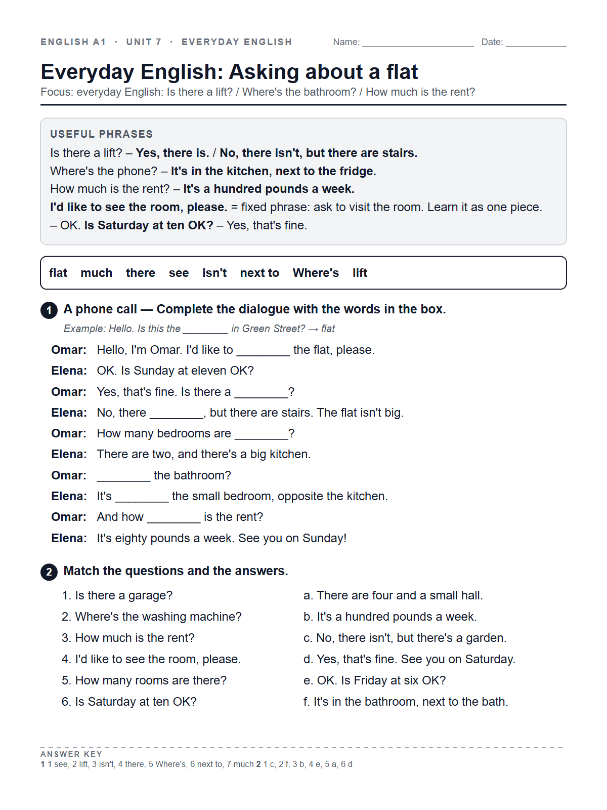 Everyday English: Asking about a flat — printable worksheet