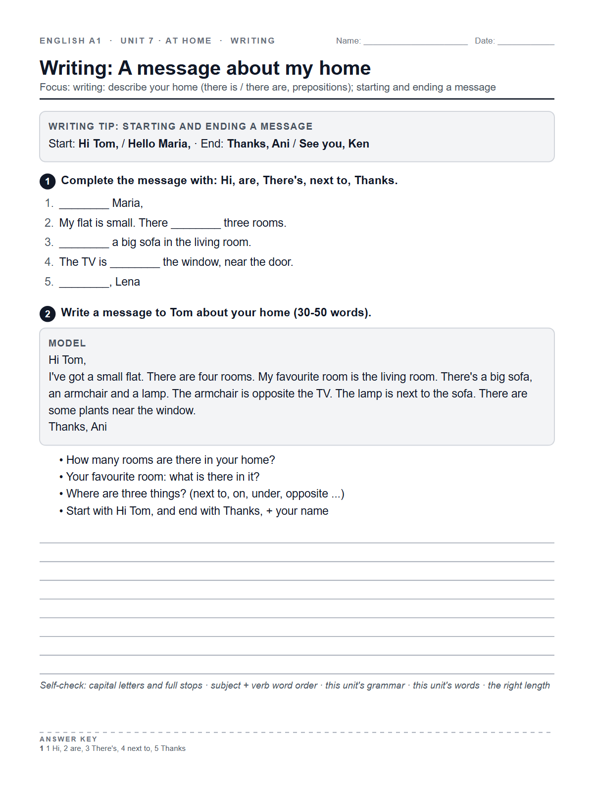 Writing: A message about my home — printable worksheet
