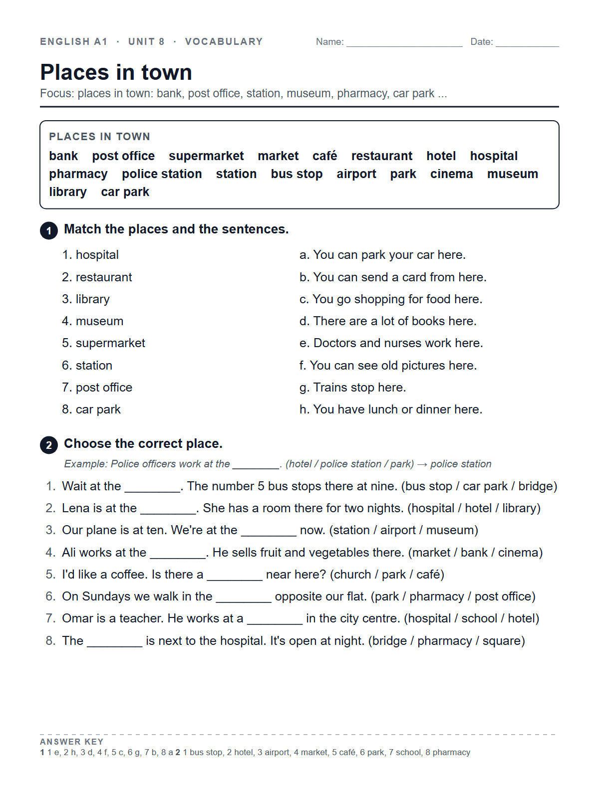 Places in town — printable worksheet