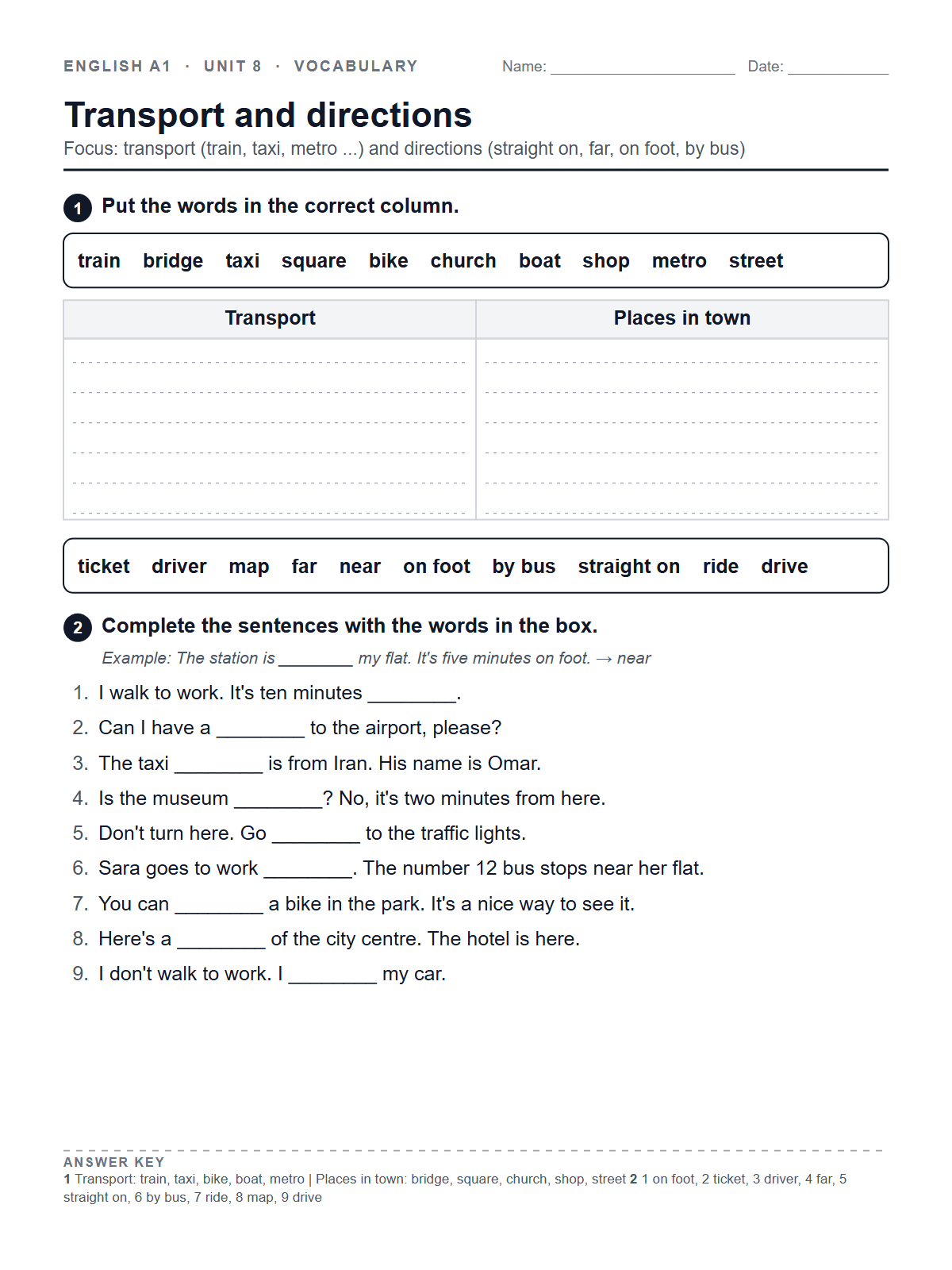 Transport and directions — printable worksheet