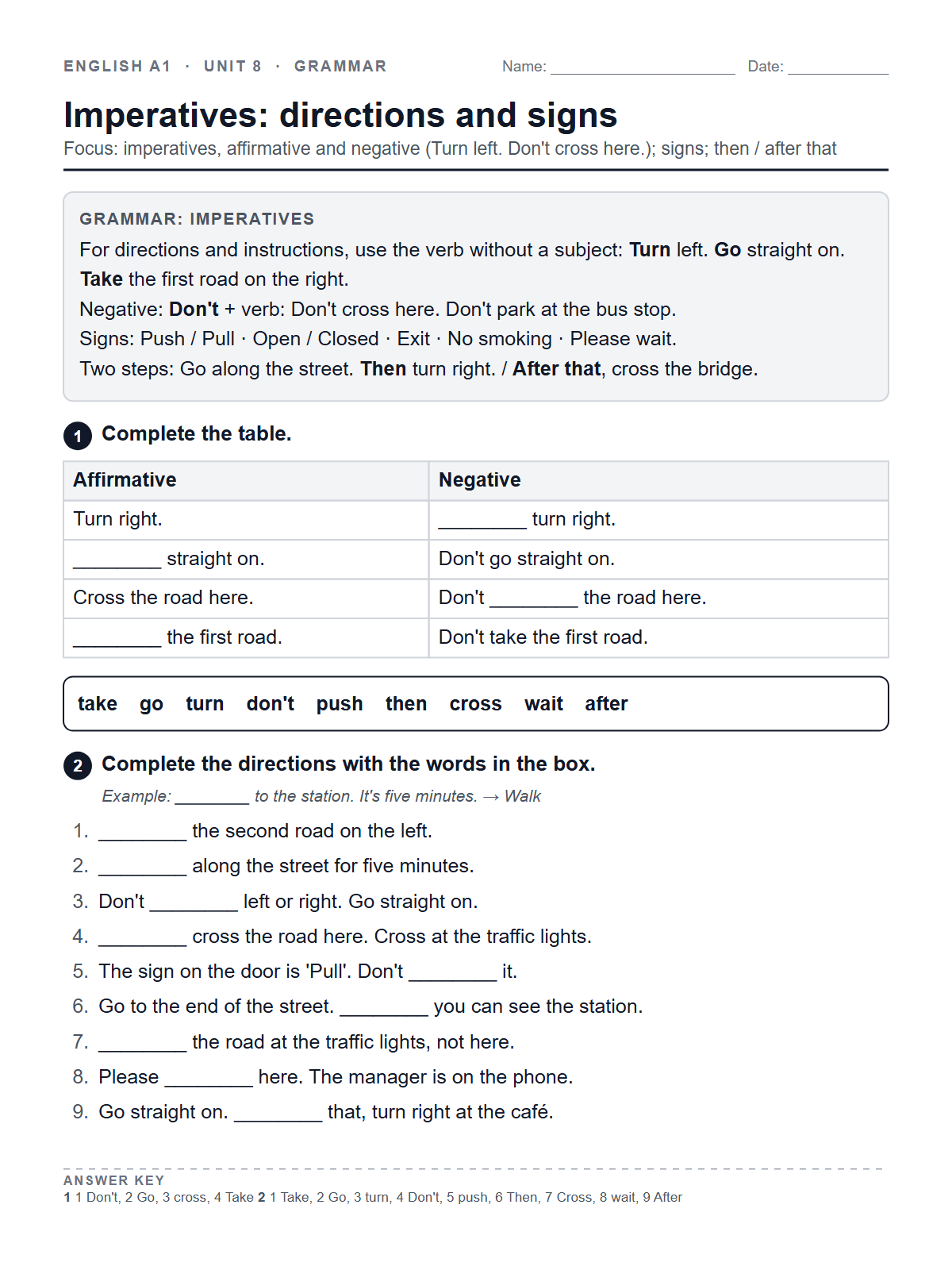 Imperatives: directions and signs — printable worksheet