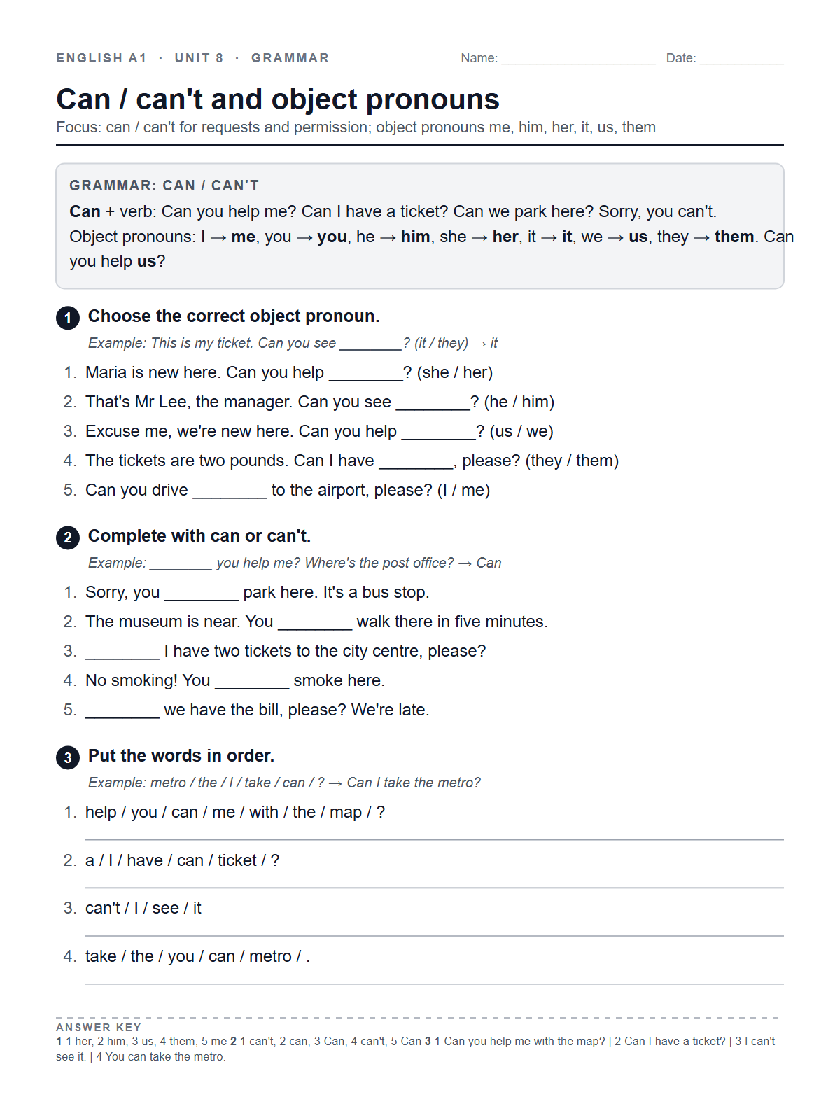 Can / can't and object pronouns — printable worksheet