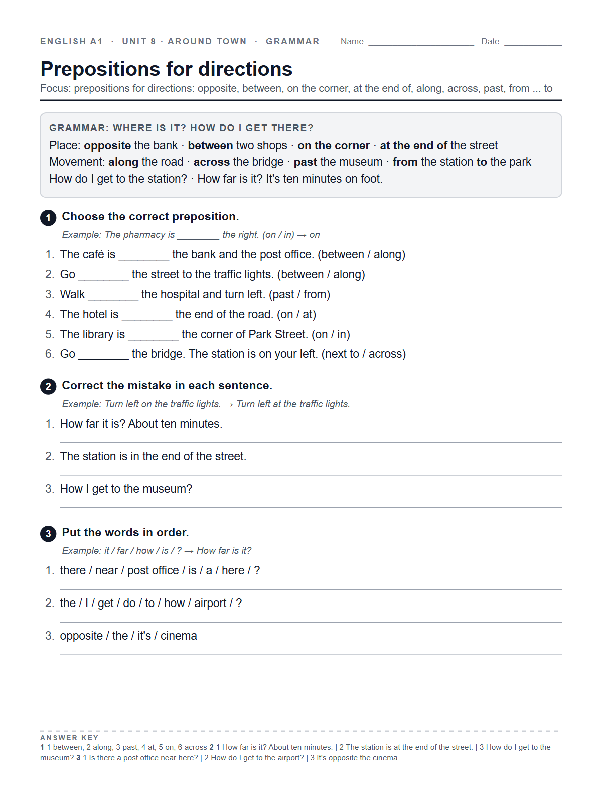 Prepositions for directions — printable worksheet