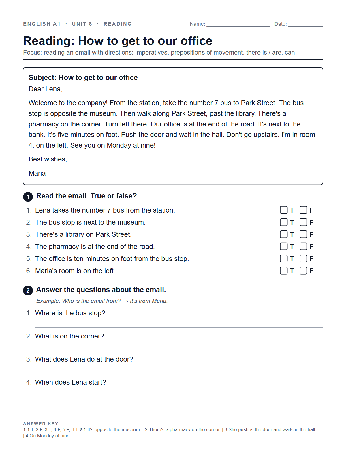 Reading: How to get to our office — printable worksheet
