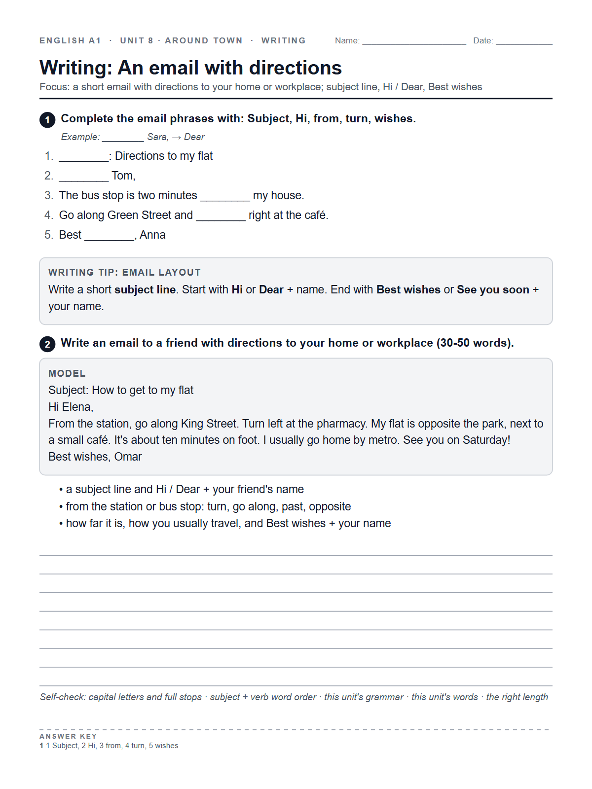 Writing: An email with directions — printable worksheet