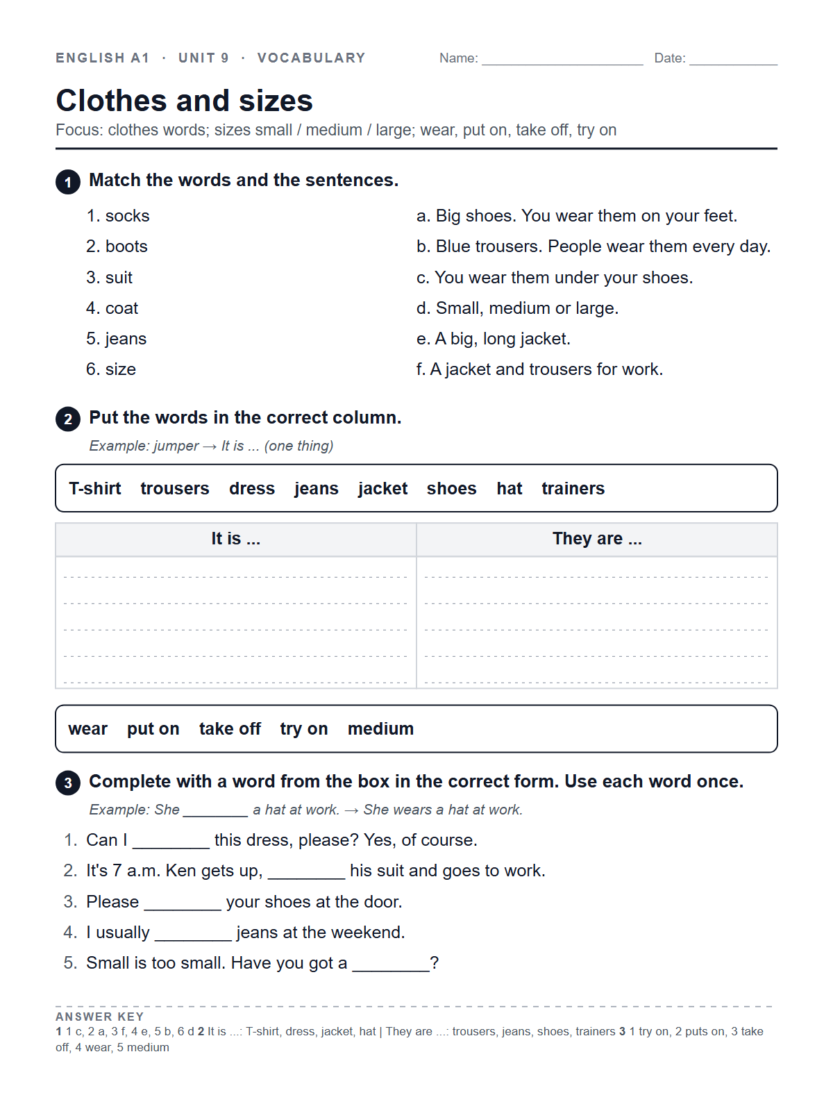 Clothes and sizes — printable worksheet