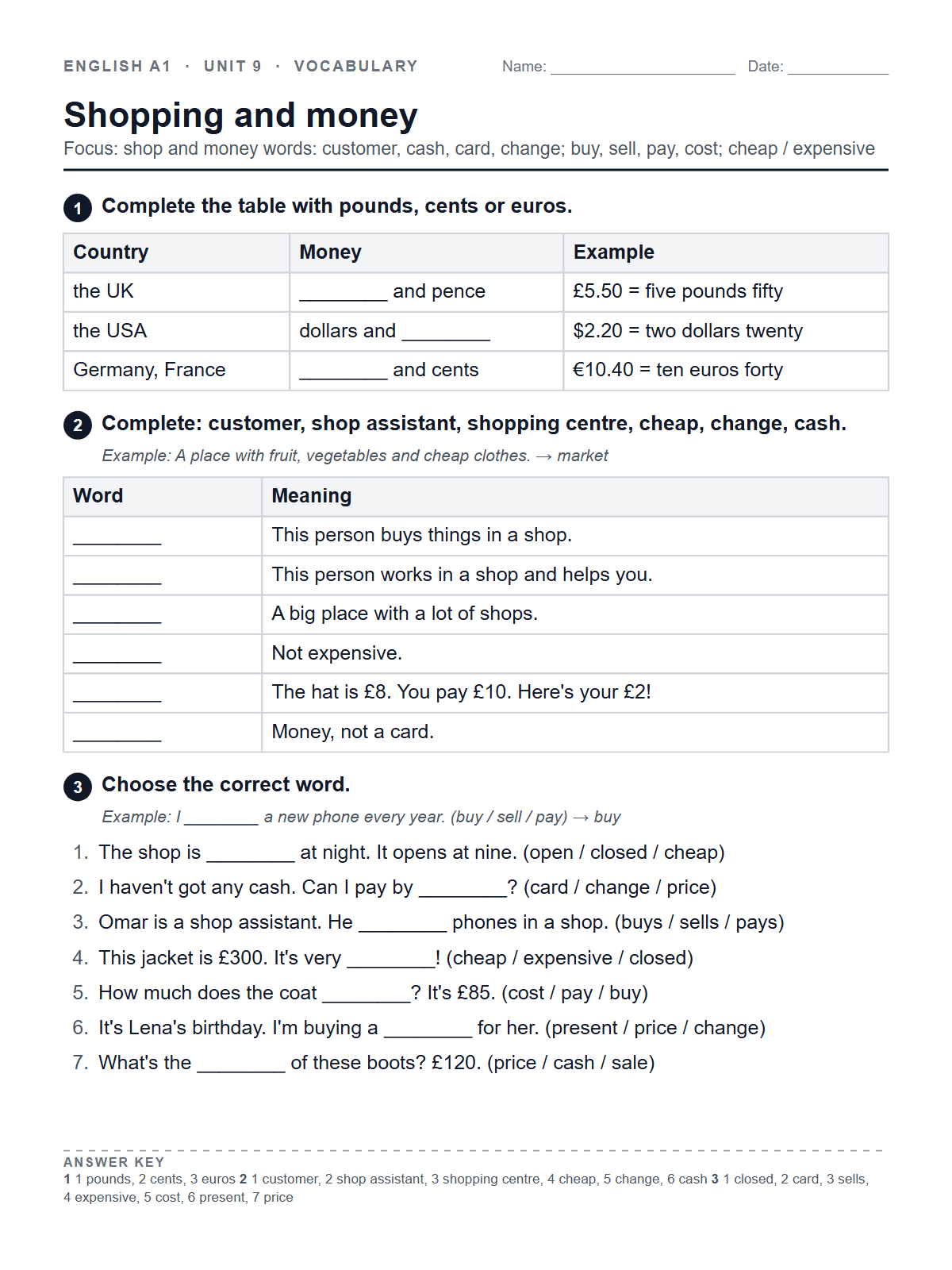 Shopping and money — printable worksheet