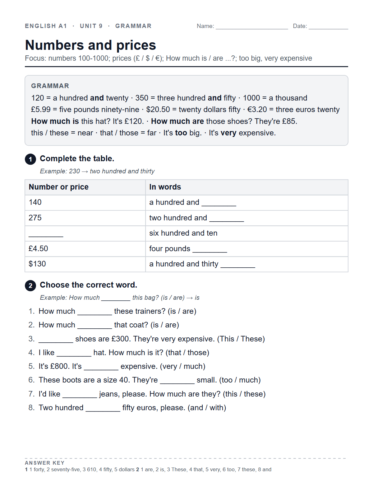 Numbers and prices — printable worksheet