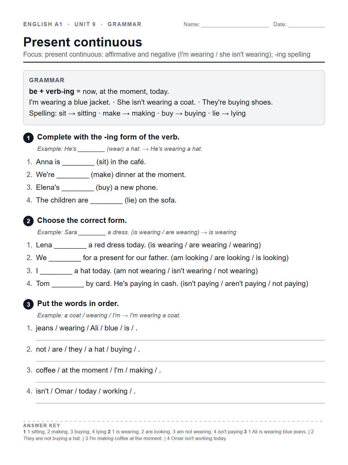 Present continuous — printable worksheet
