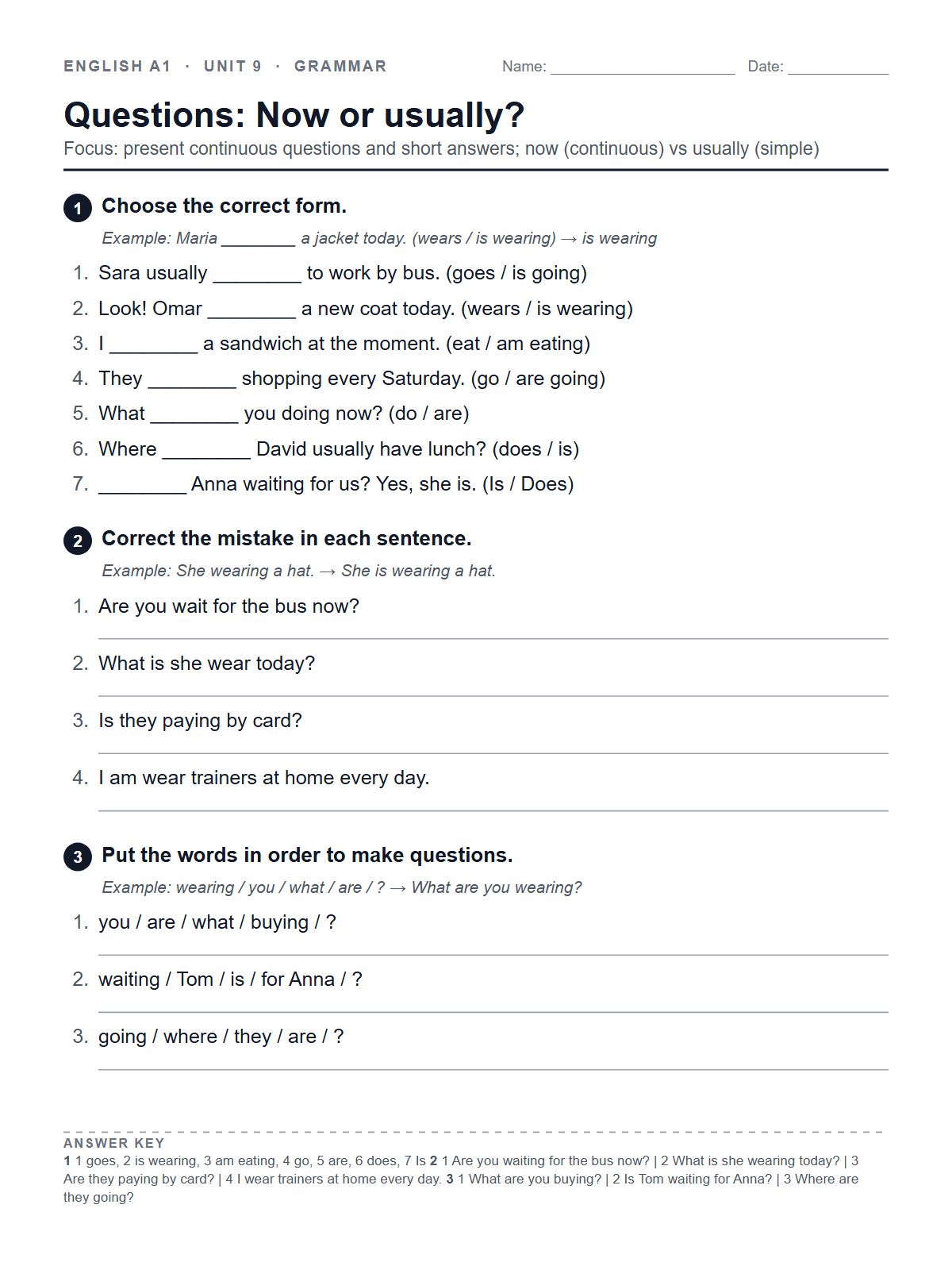 Questions: Now or usually? — printable worksheet