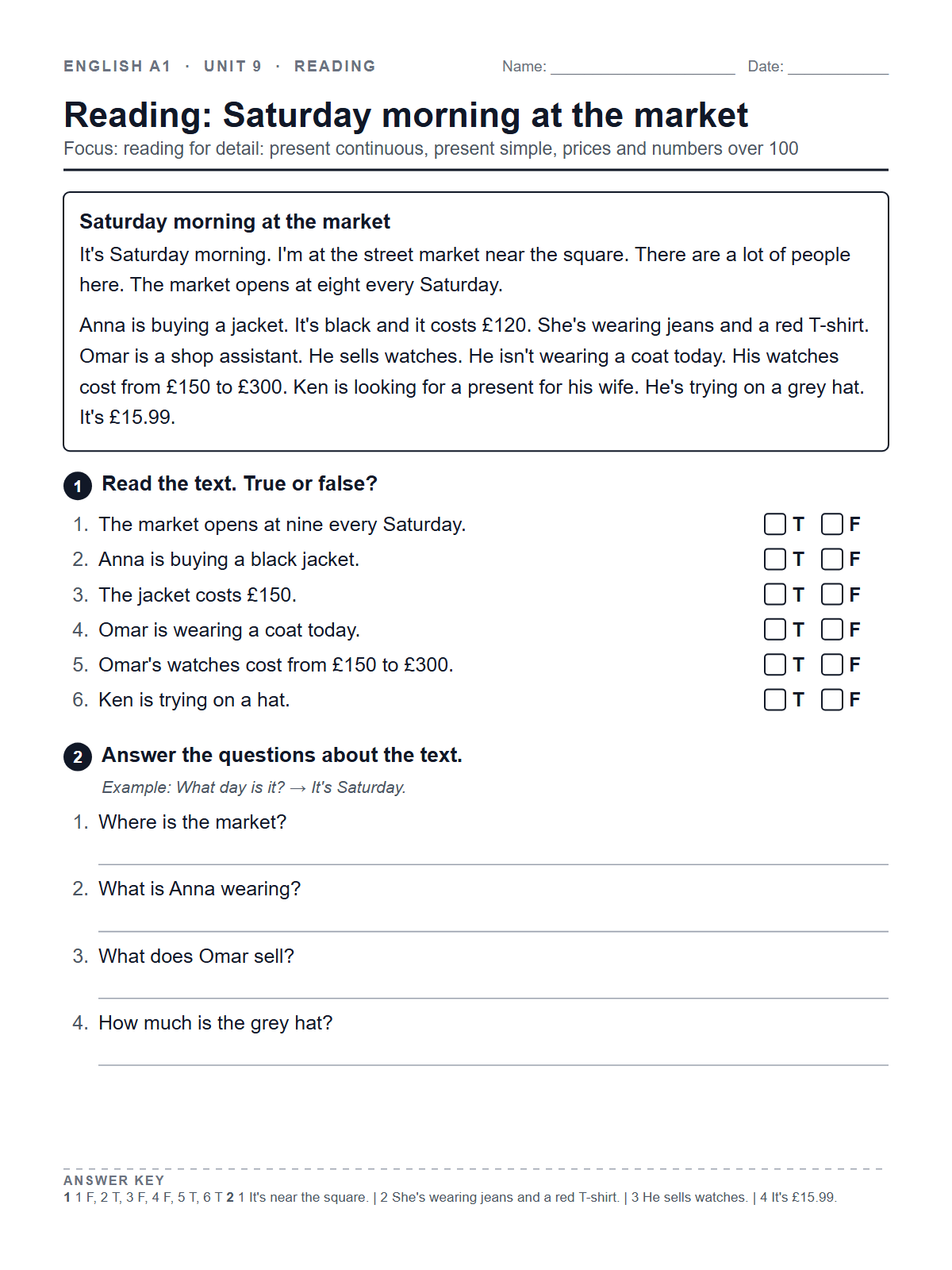 Reading: Saturday morning at the market — printable worksheet