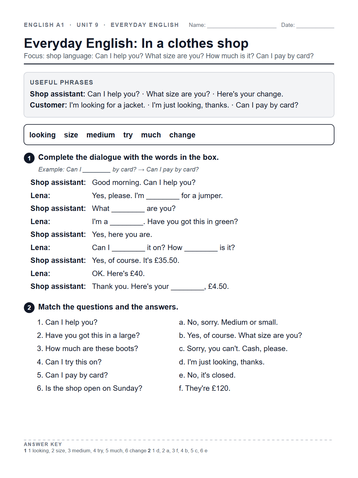 Everyday English: In a clothes shop — printable worksheet