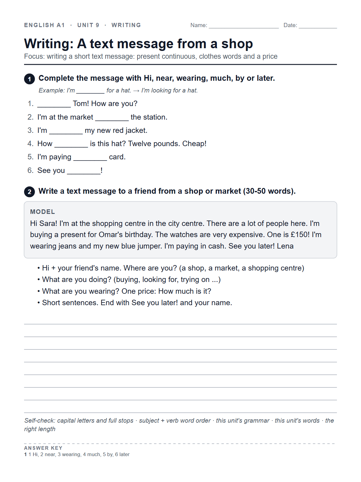 Writing: A text message from a shop — printable worksheet