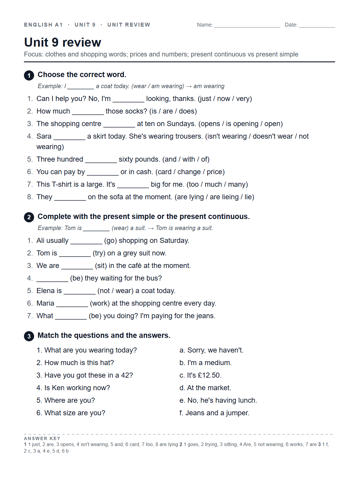 Unit 9 review — printable worksheet