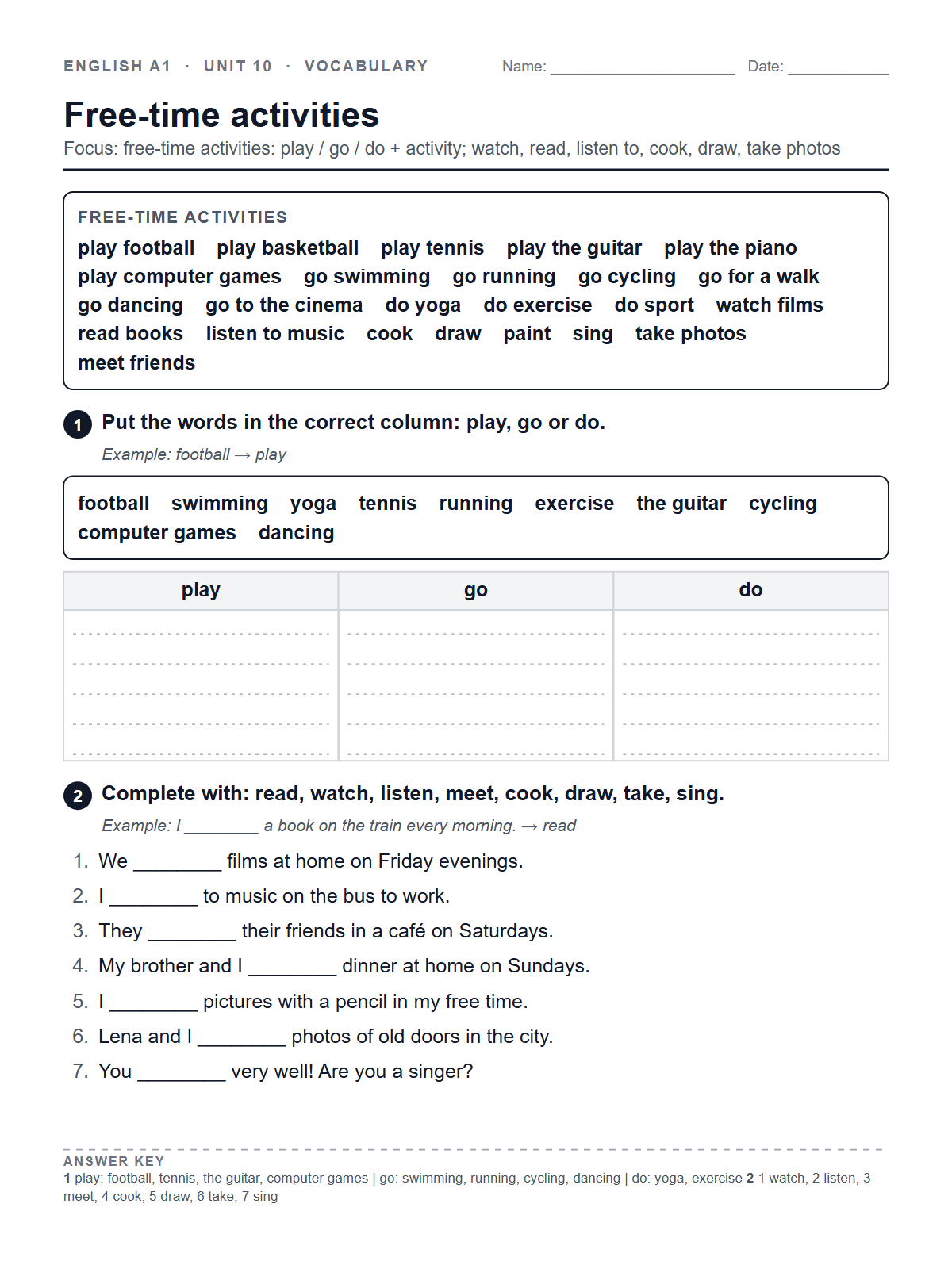 Free-time activities — printable worksheet