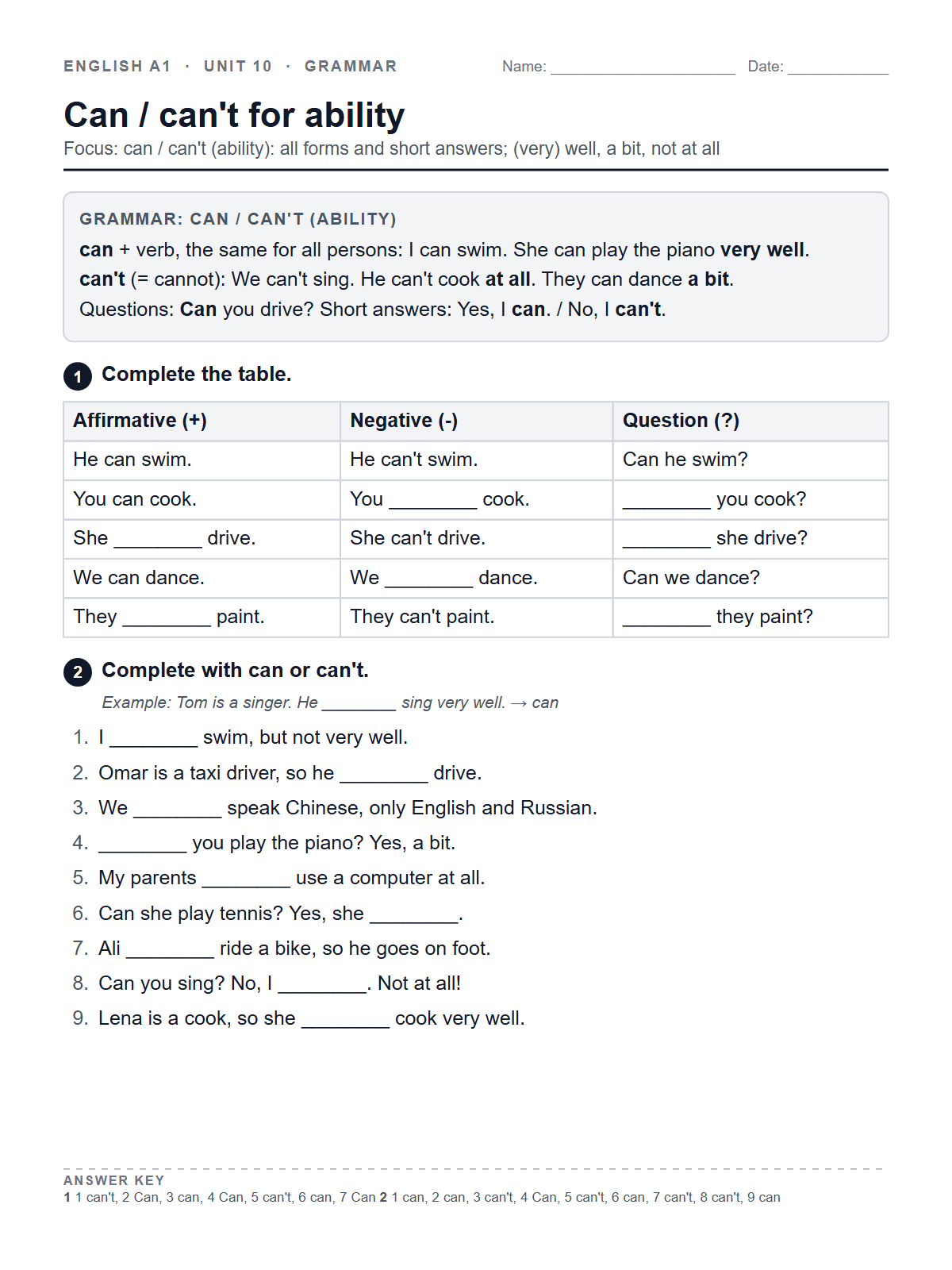Can / can't for ability — printable worksheet