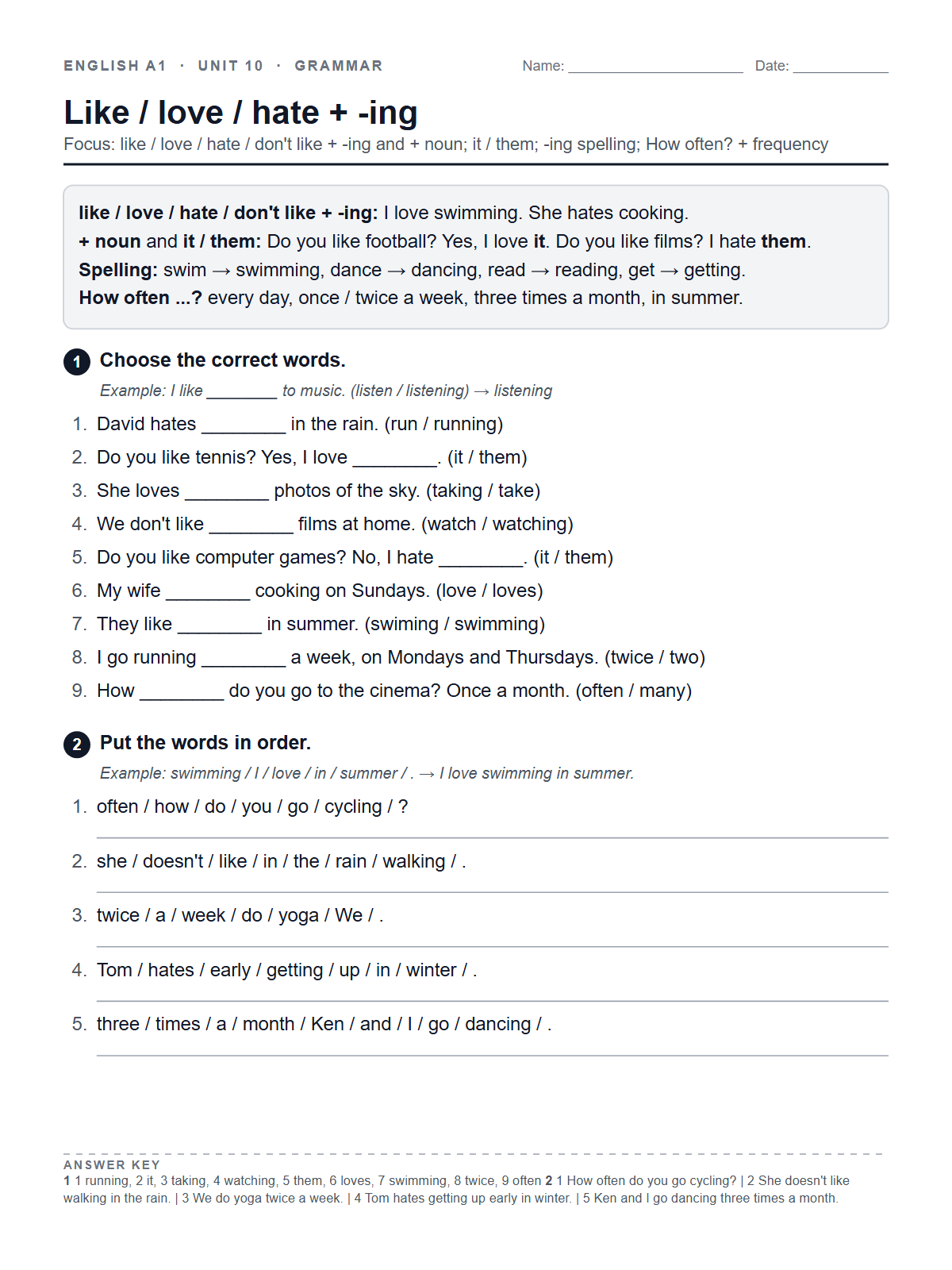 Like / love / hate + -ing — printable worksheet