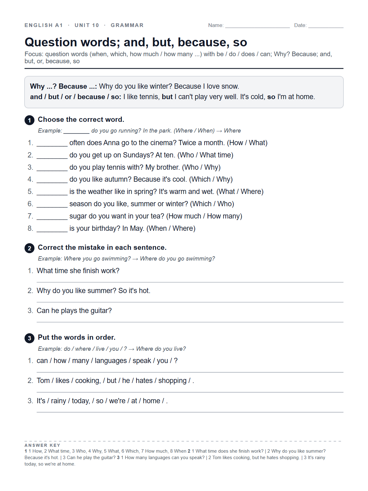 Question words; and, but, because, so — printable worksheet