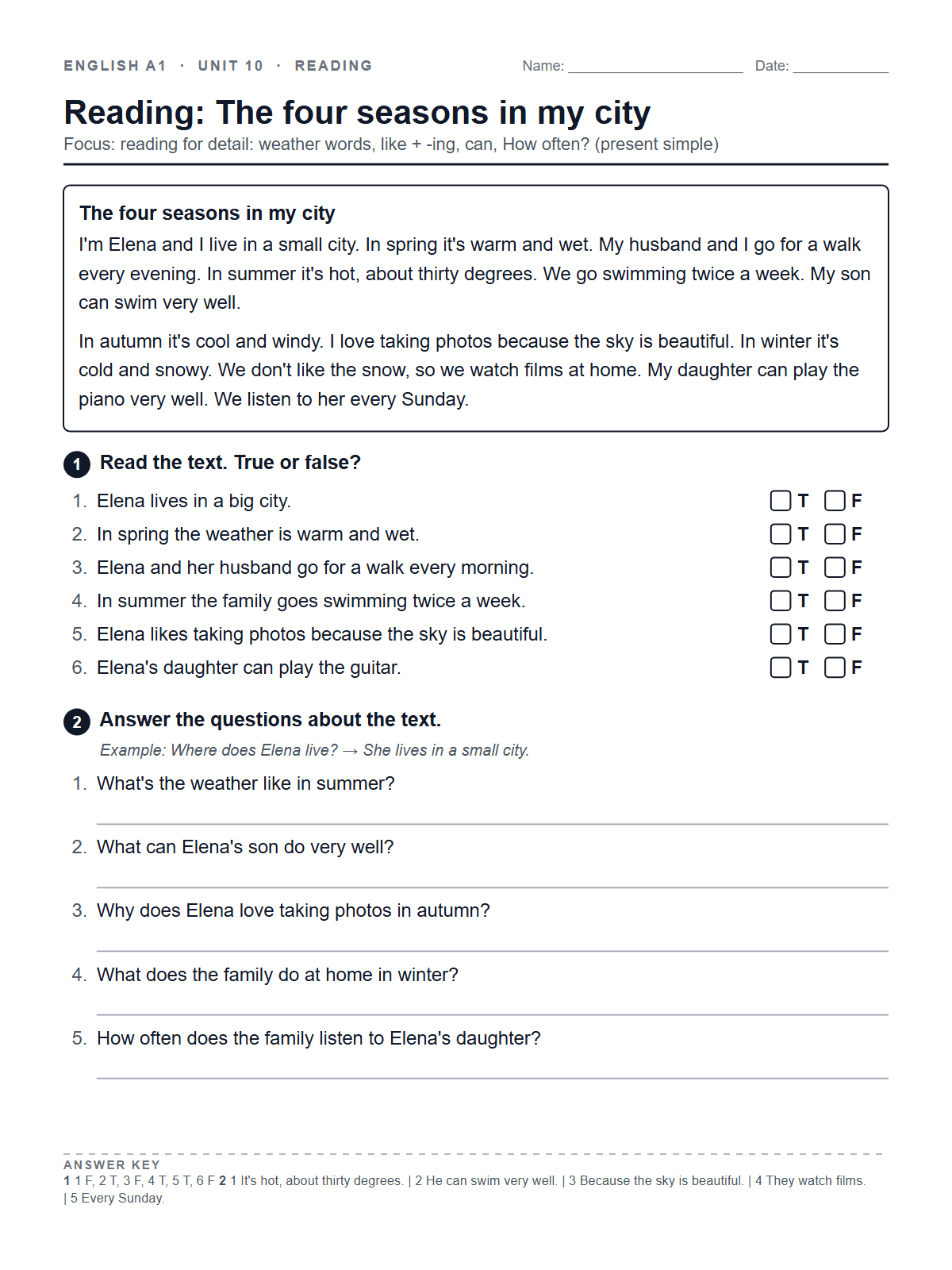 Reading: The four seasons in my city — printable worksheet