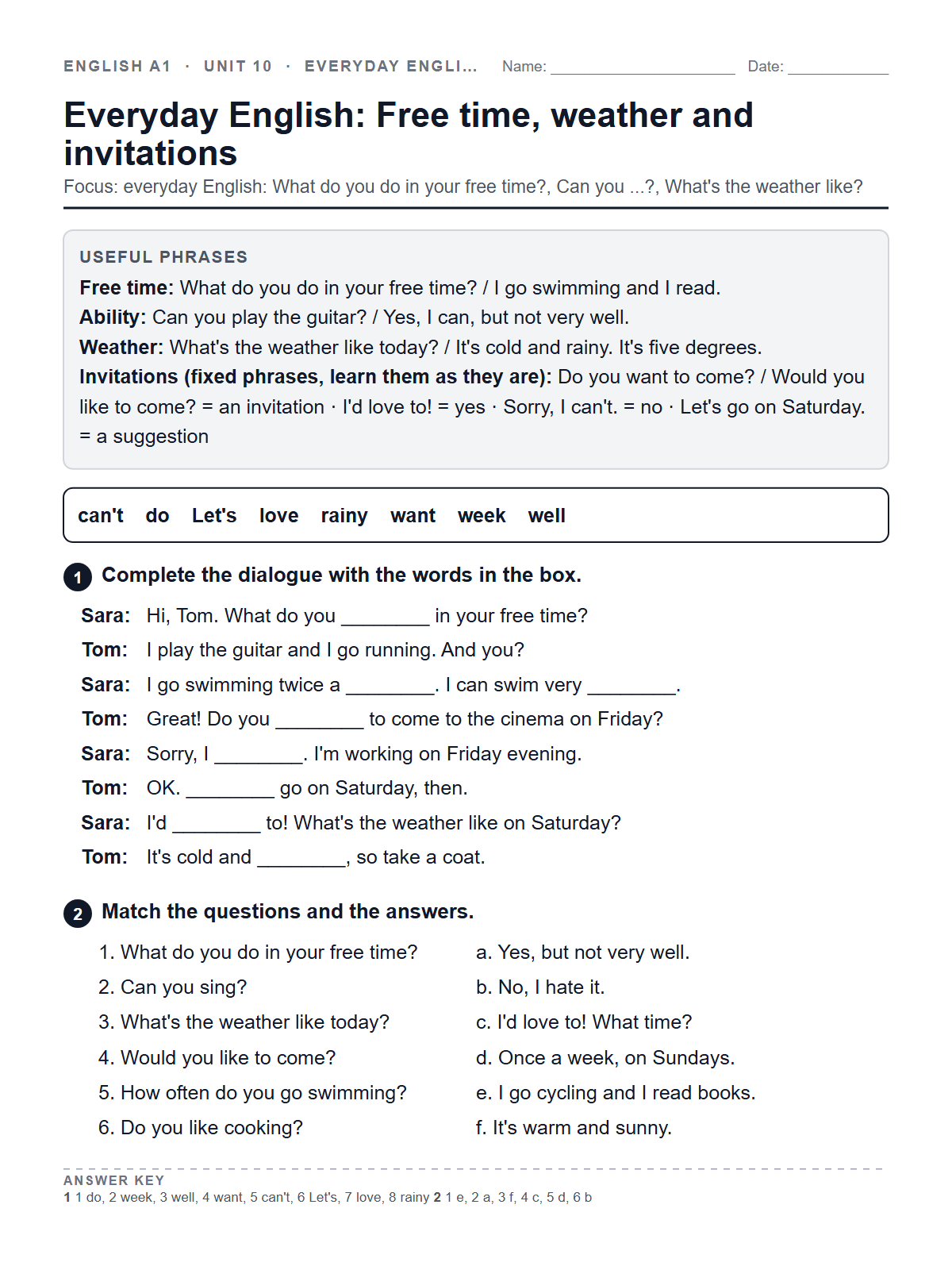 Everyday English: Free time, weather and invitations — printable worksheet