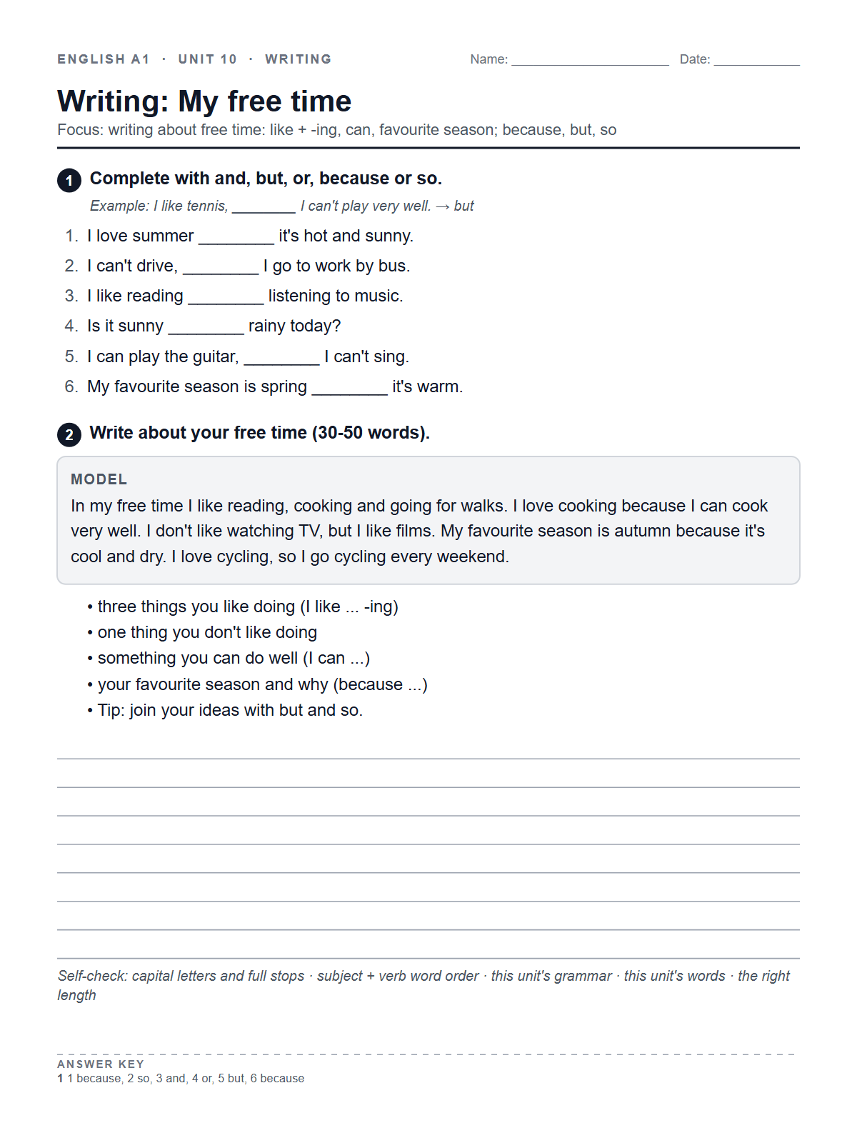 Writing: My free time — printable worksheet