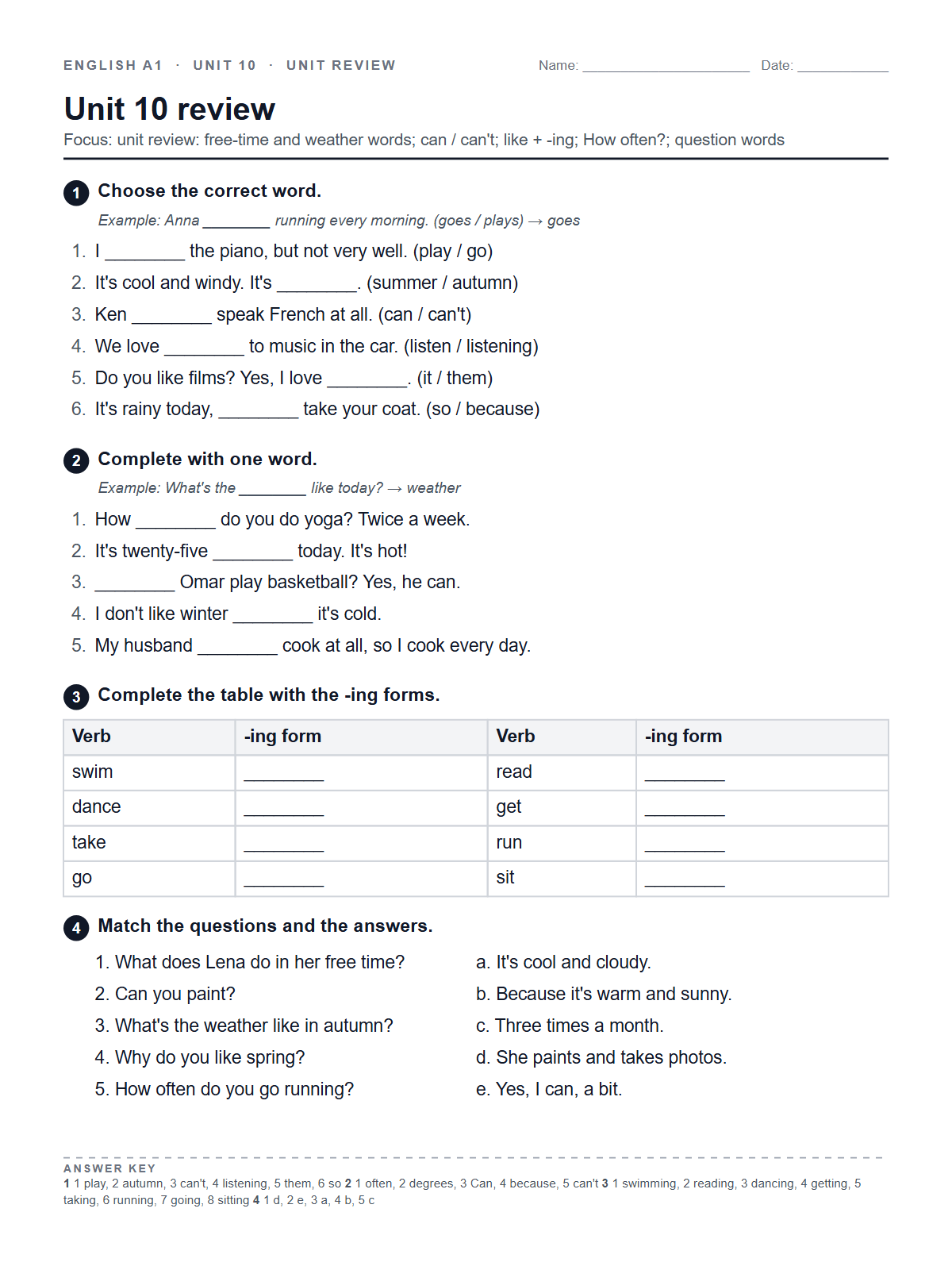 Unit 10 review — printable worksheet