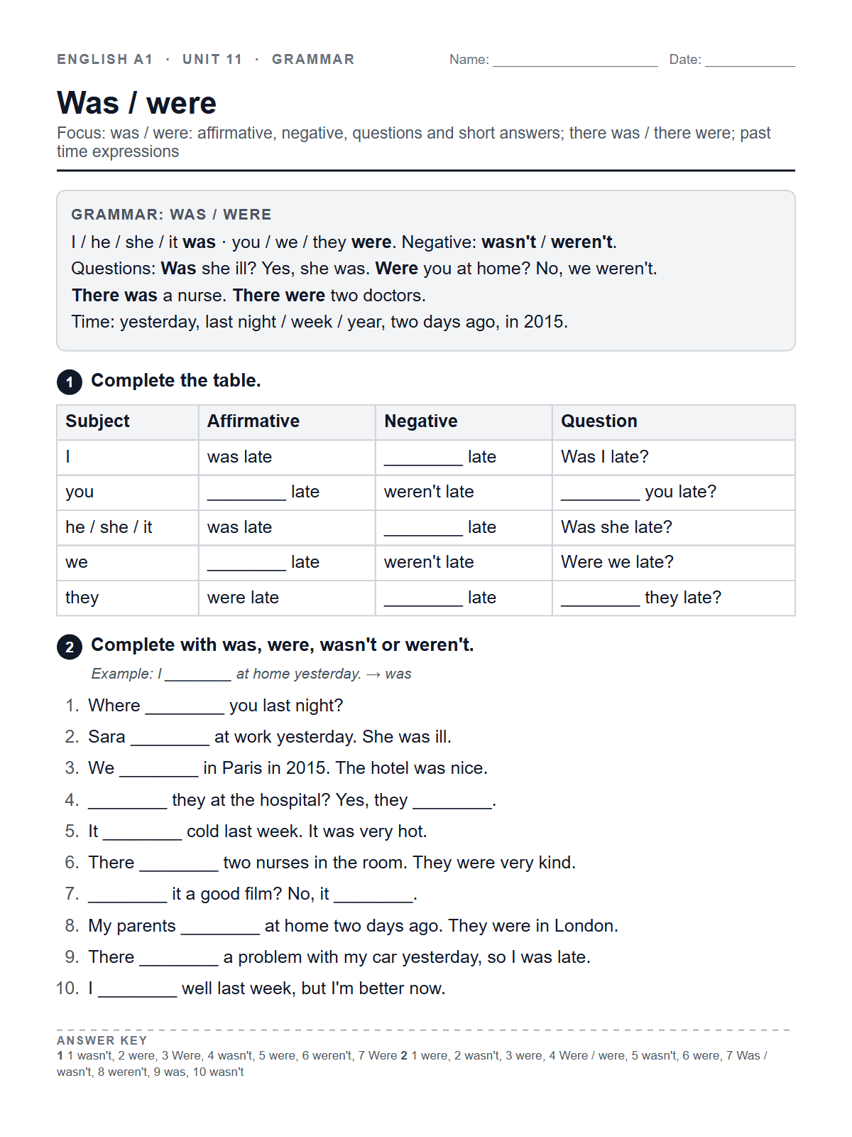 Was / were — printable worksheet