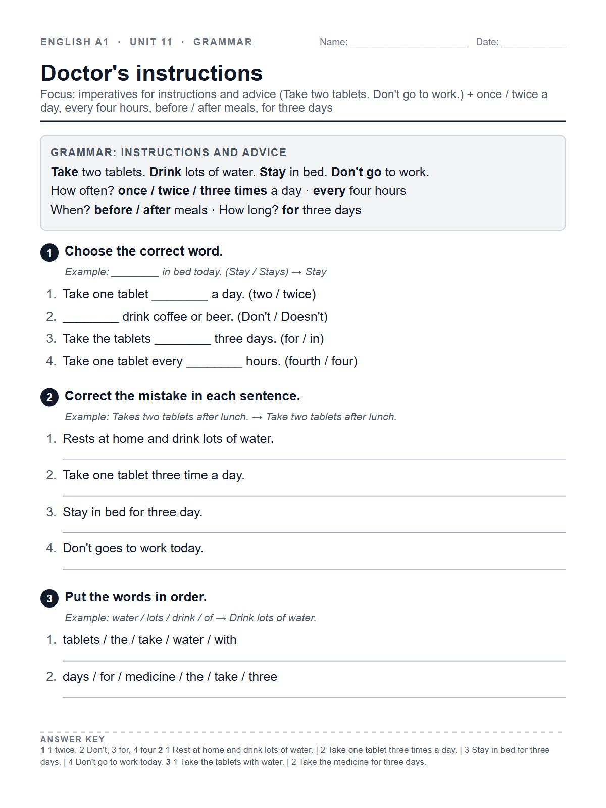 Doctor's instructions — printable worksheet
