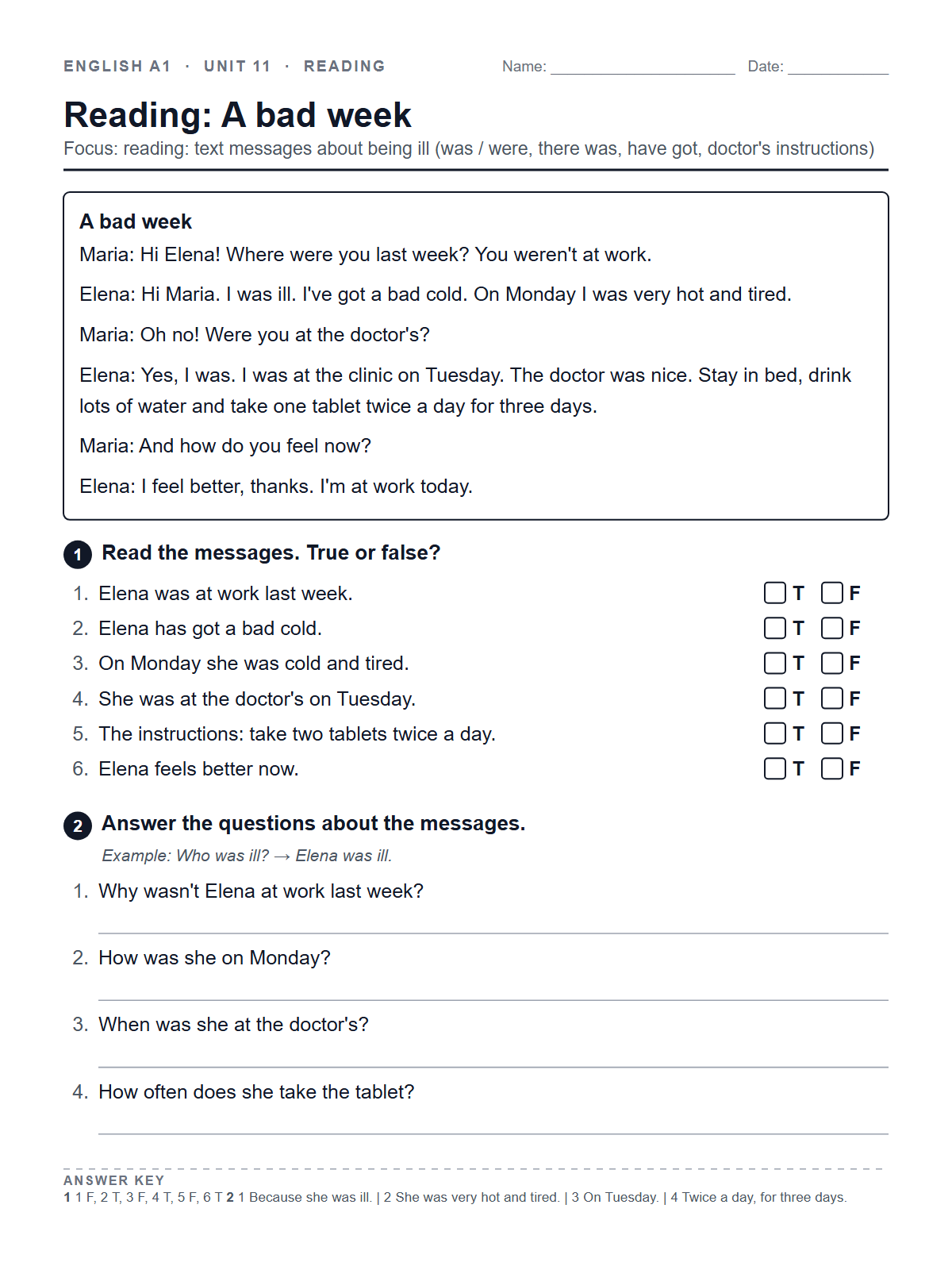 Reading: A bad week — printable worksheet