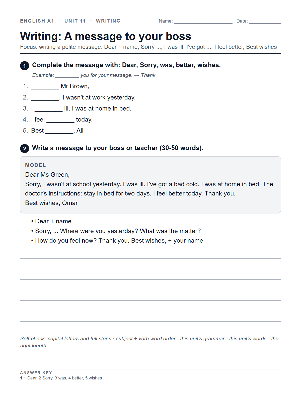 Writing: A message to your boss — printable worksheet