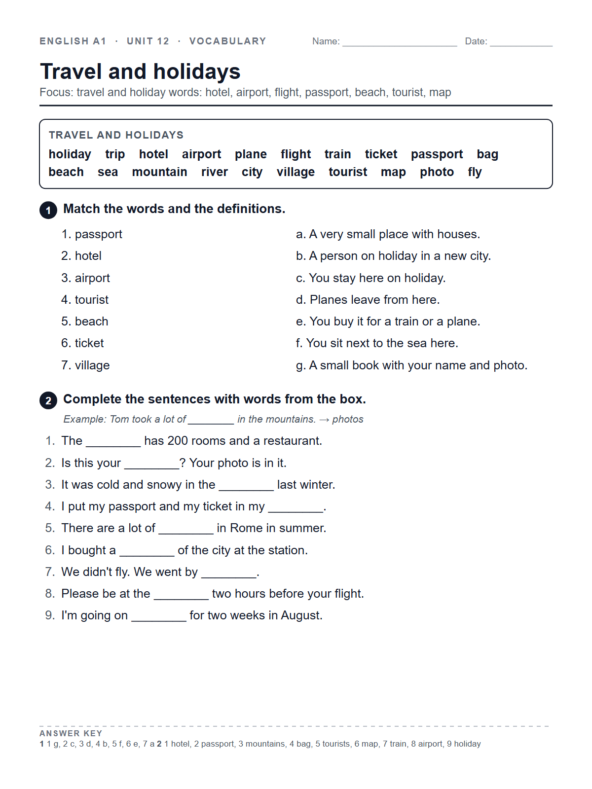 Travel and holidays — printable worksheet