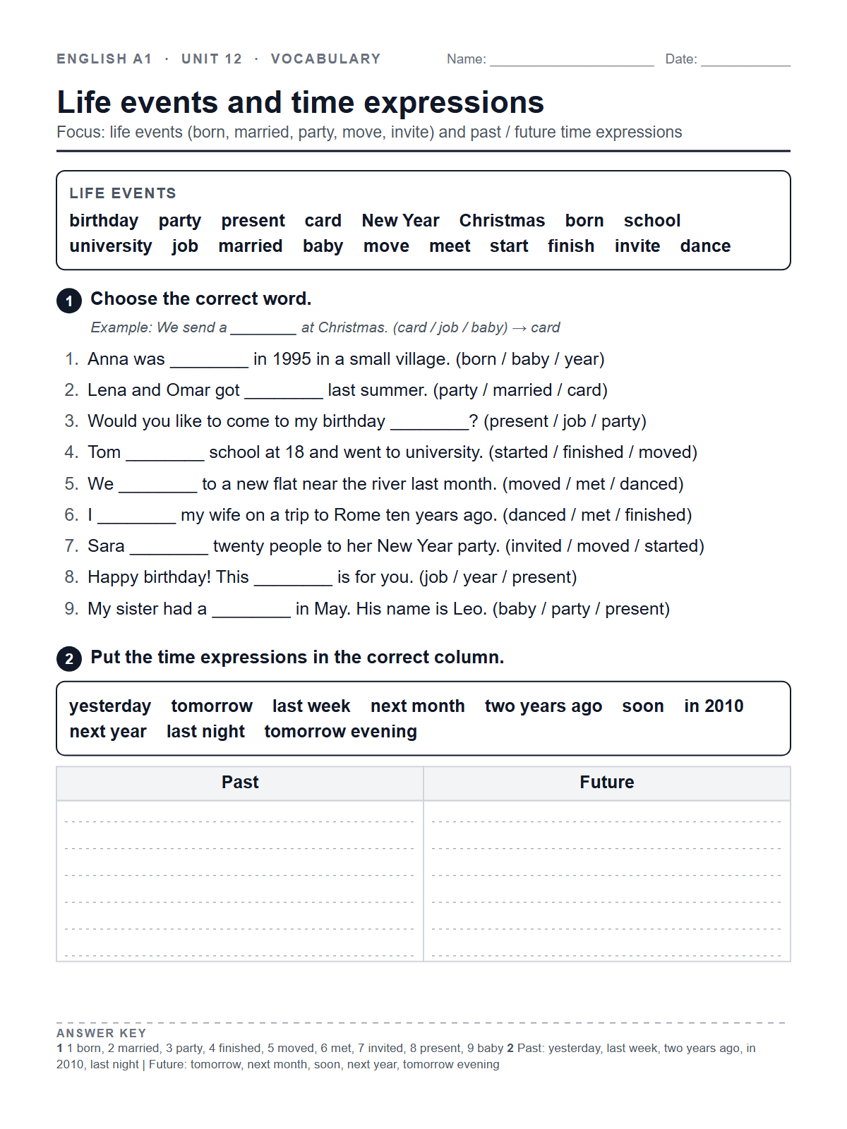 Life events and time expressions — printable worksheet
