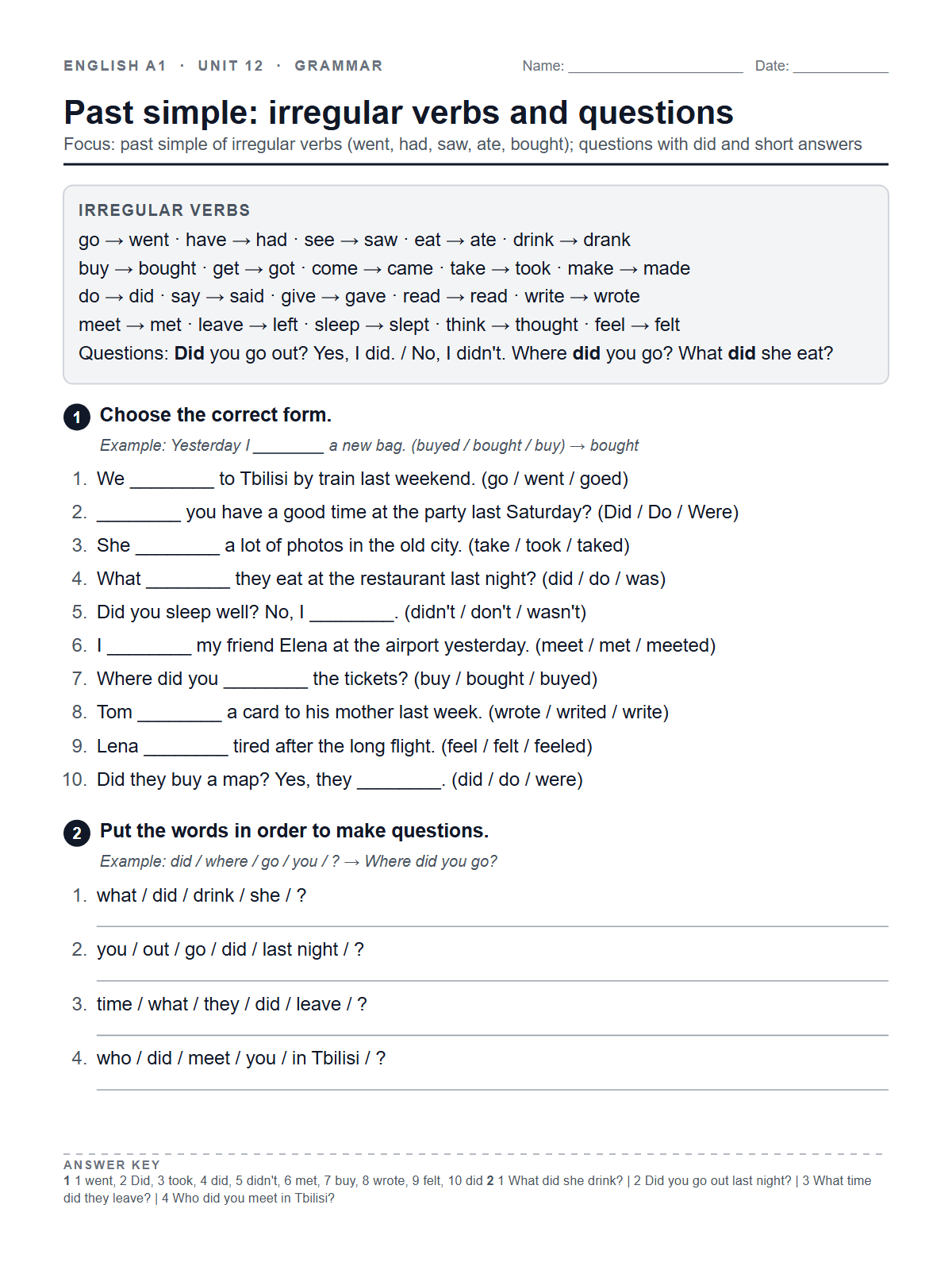 Past simple: irregular verbs and questions — printable worksheet