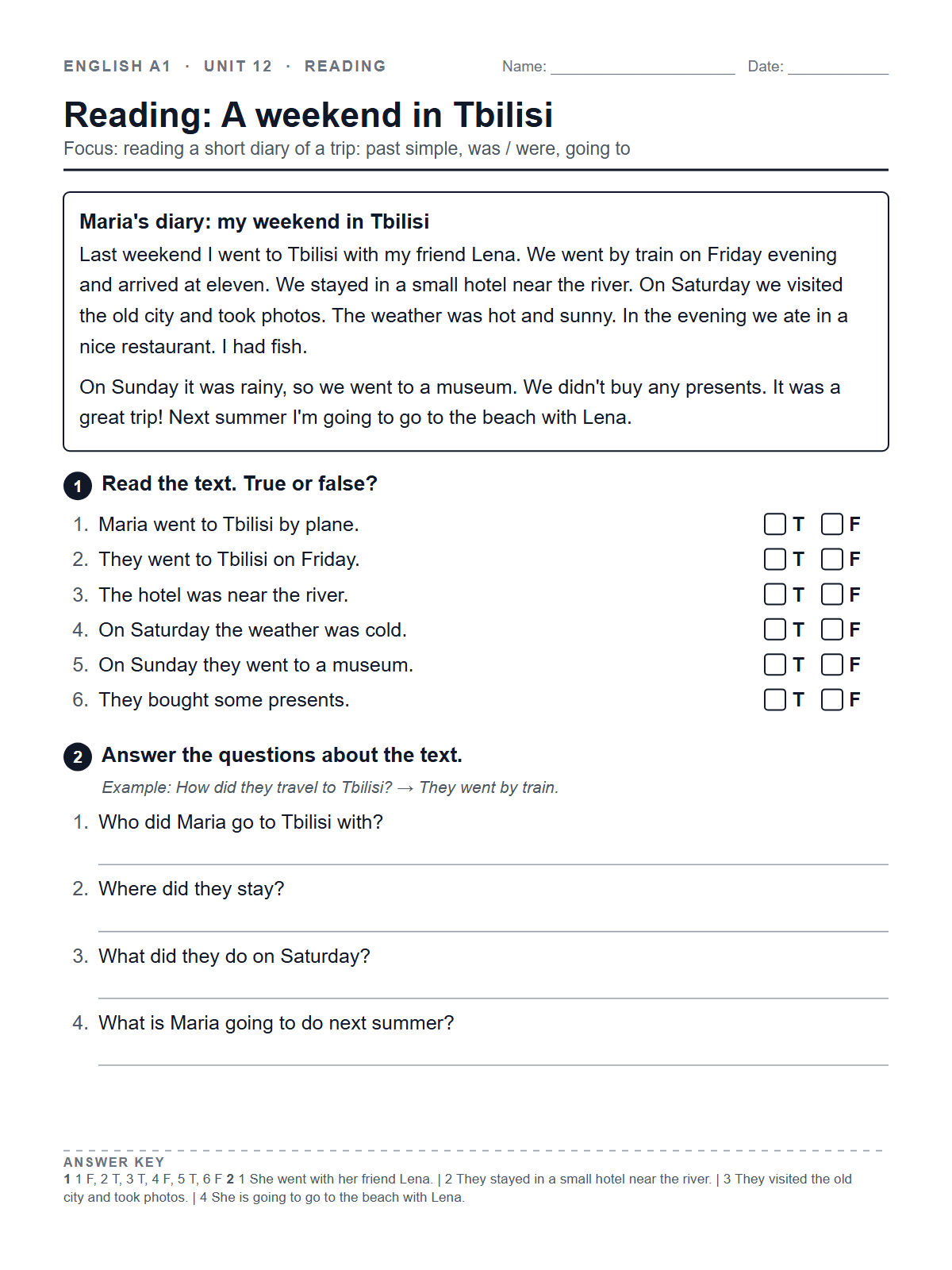 Reading: A weekend in Tbilisi — printable worksheet